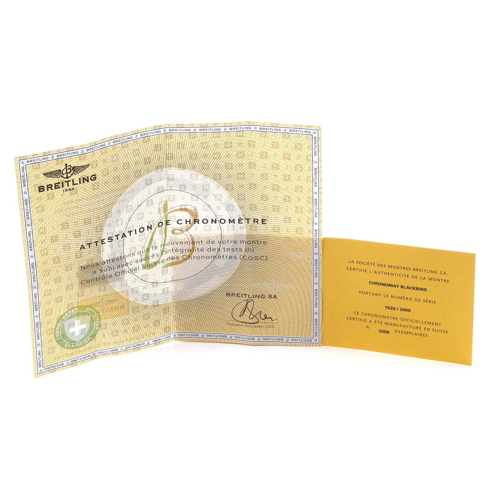 The image shows certification documents for a Breitling Chronomat model, model number A44360, with focus on the attestation of chronometer and authenticity.