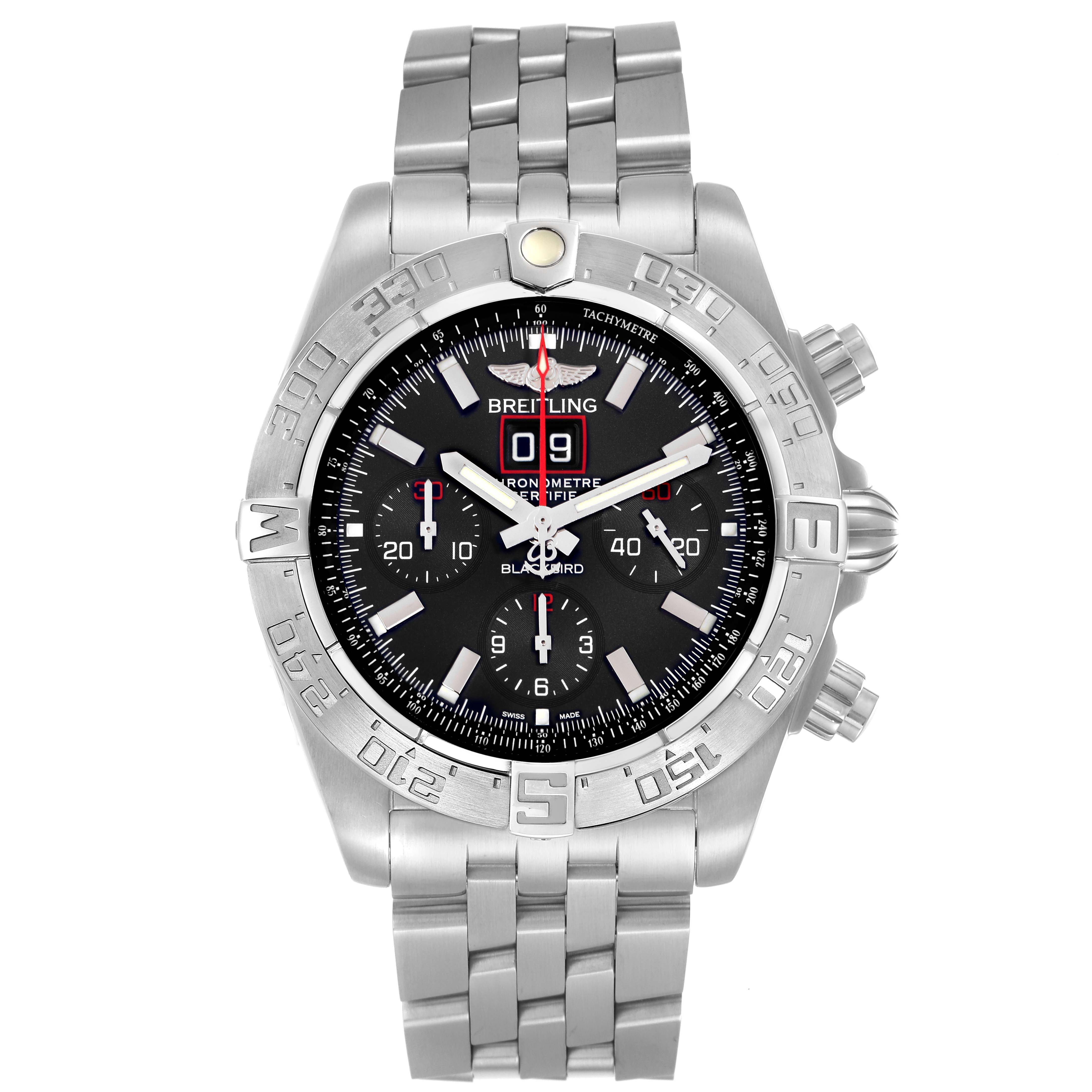The Breitling Chronomat model A44360 is shown from a front angle, displaying the watch face, bezel, case, and metal bracelet.
