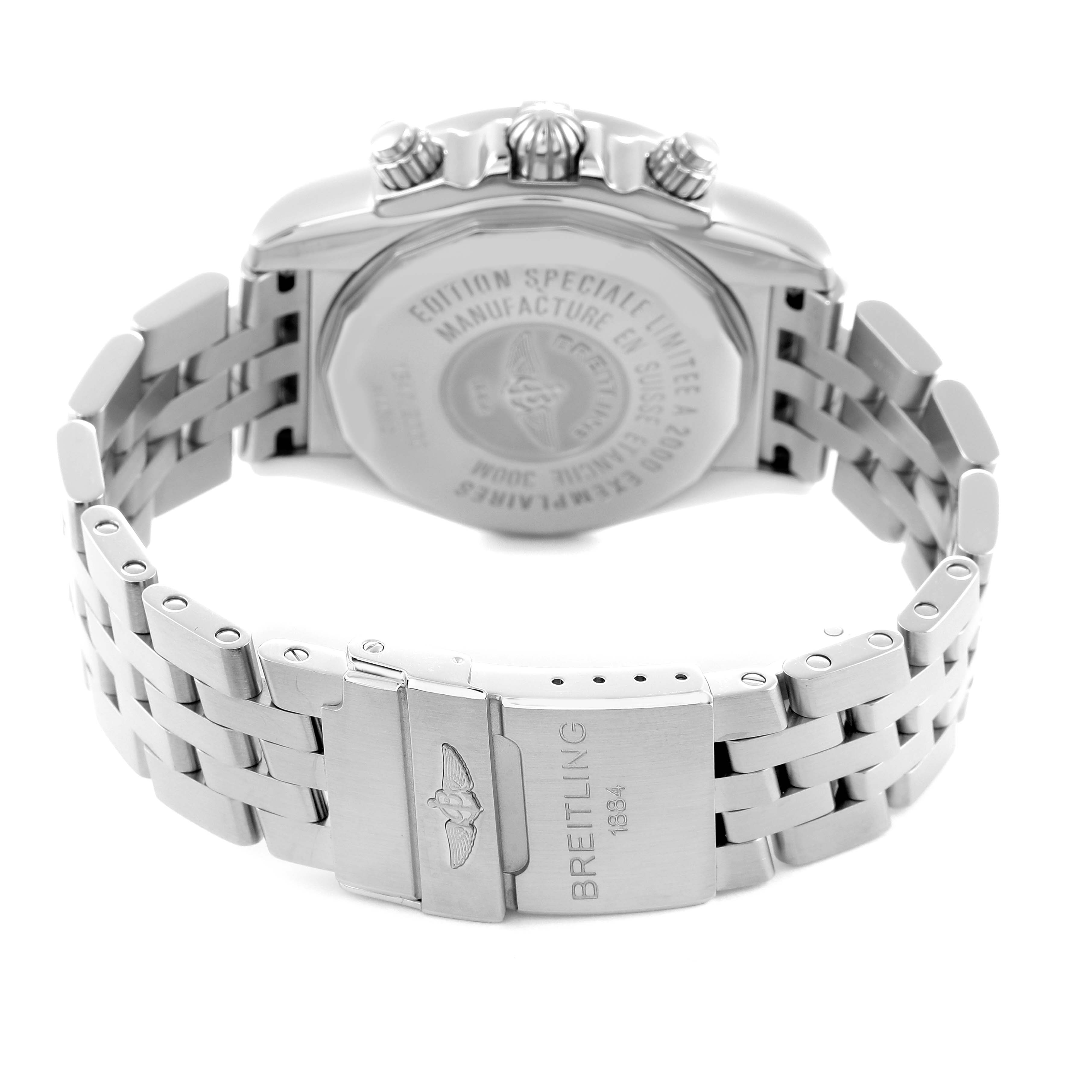 The image shows the back of a Breitling Chronomat A44360 men's watch, focusing on the case back, crown, and stainless steel bracelet with the clasp.