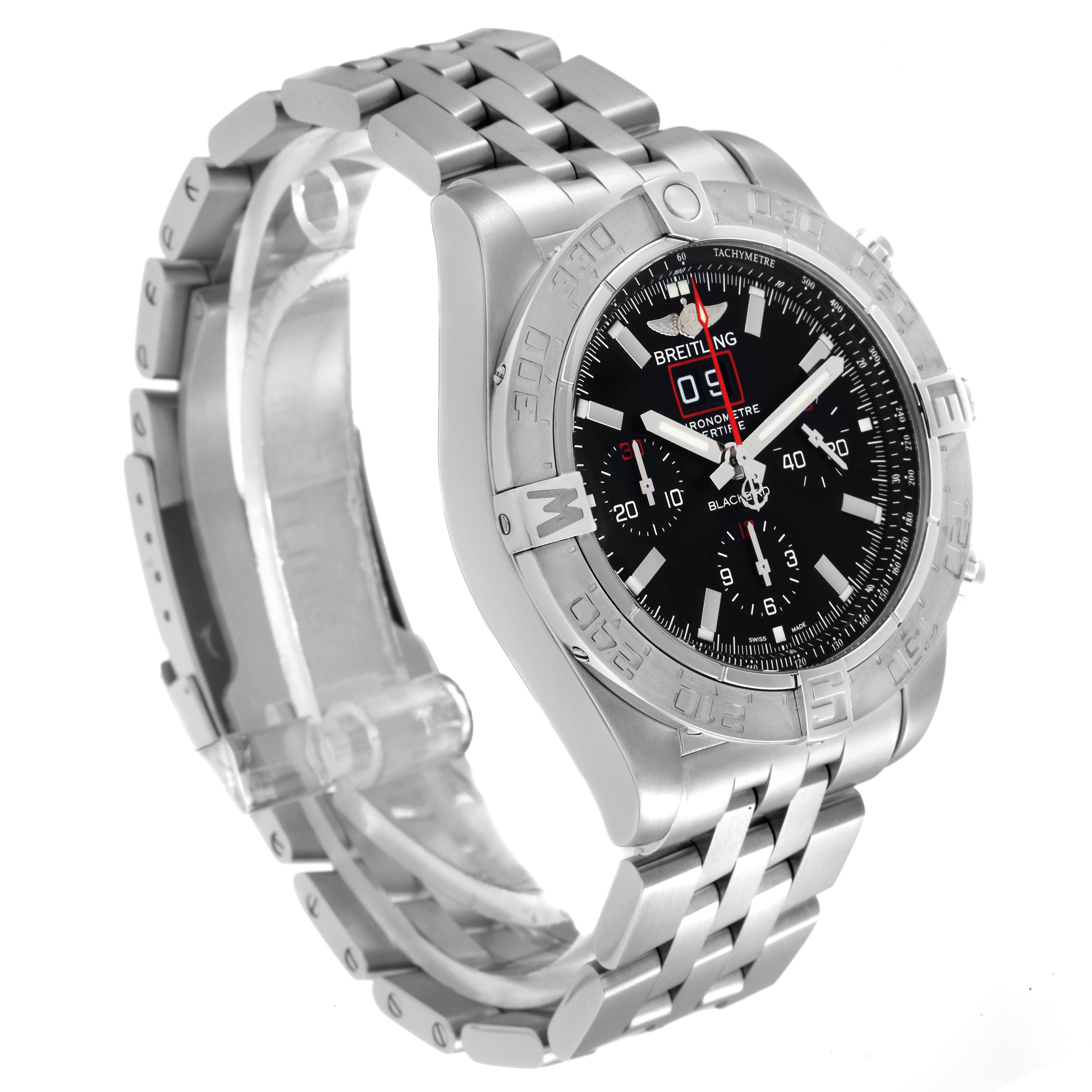 The image shows a Breitling Chronomat model A44360 men's watch at a three-quarter angle, highlighting the bezel, black dial, and metal bracelet.
