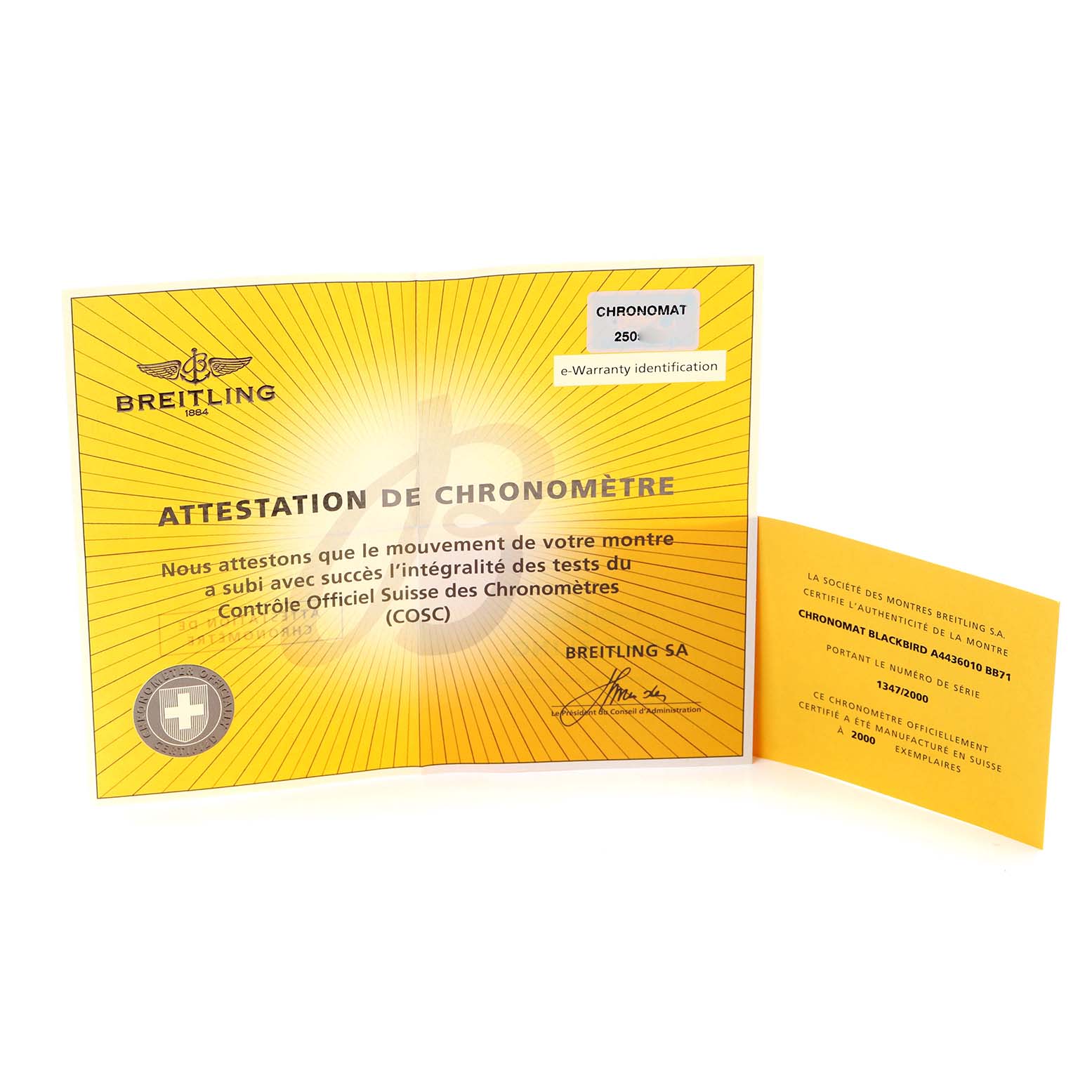 This image shows the certificates and e-warranty identification for the Breitling Chronomat model A44360 men's watch, highlighting its authenticity and COSC certification.