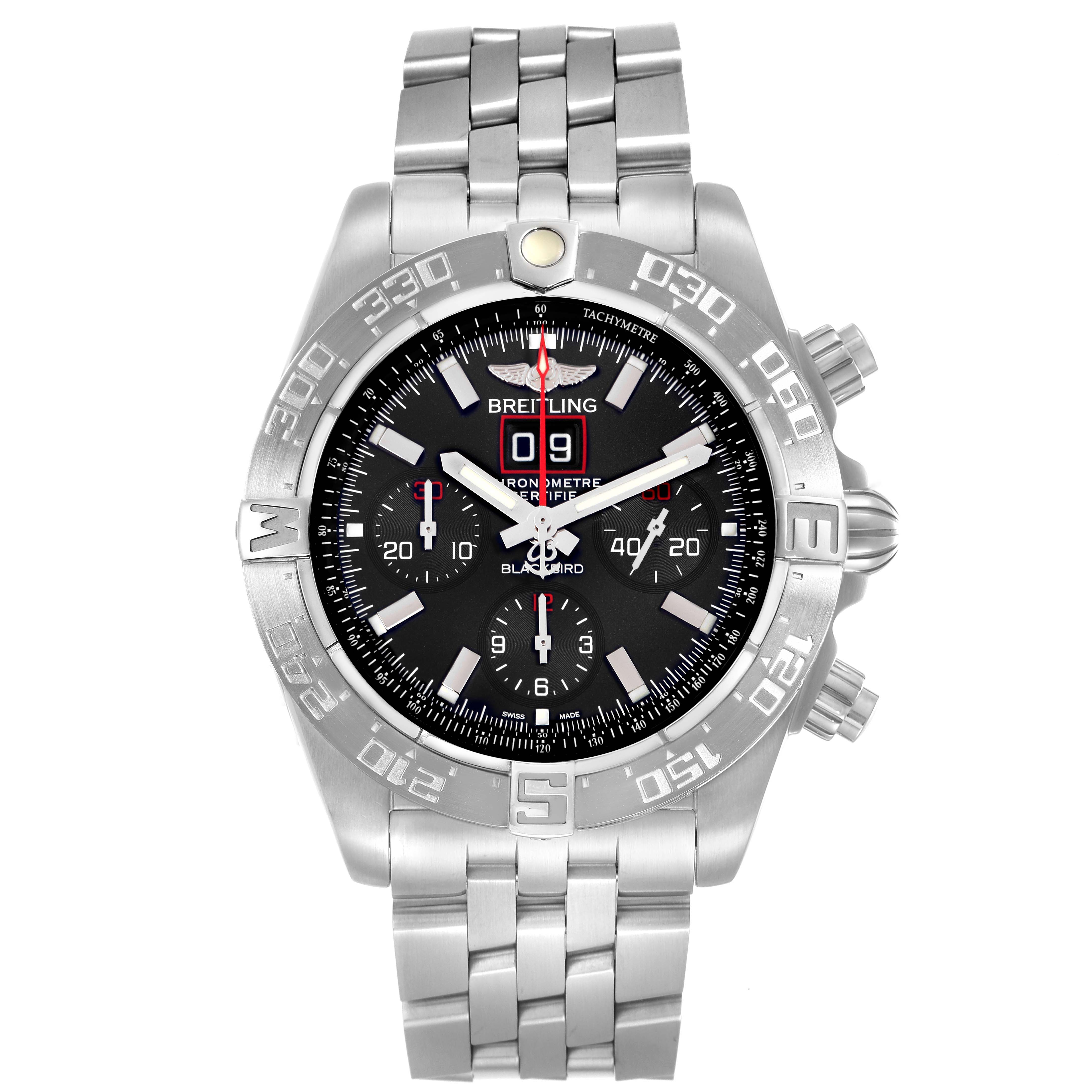 The Breitling Chronomat model A44360 watch is shown from a frontal angle, displaying its bezel, dial, subdials, and metal bracelet.