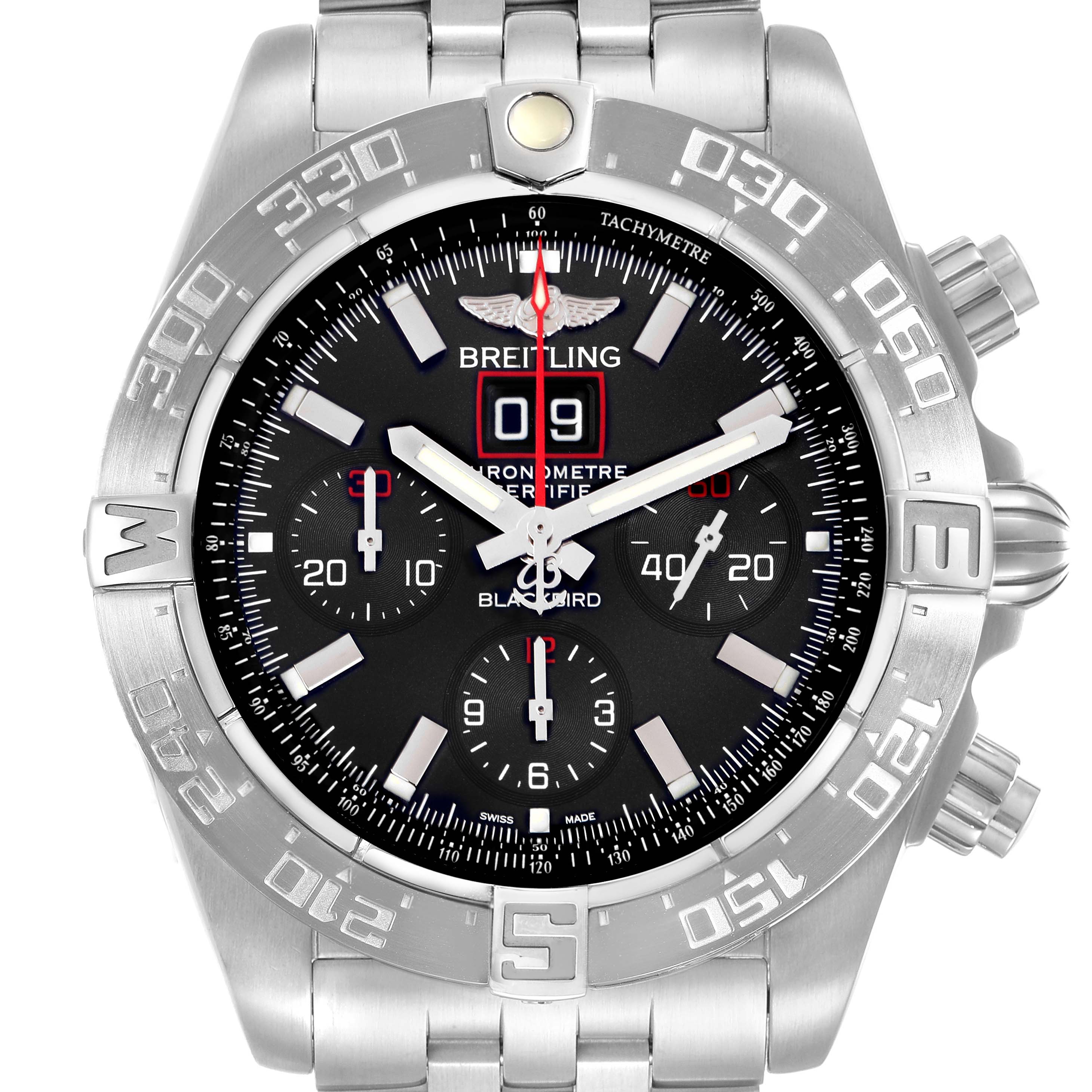 The image shows a Breitling Chronomat A44360 men's watch, featuring a front view displaying its bezel, dial, sub-dials, and metal bracelet.