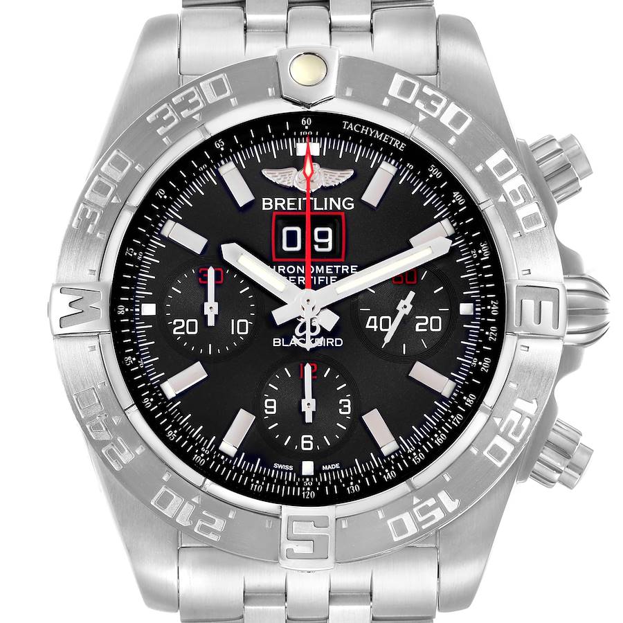 The image shows a Breitling Chronomat A44360 men's watch, featuring a front view displaying its bezel, dial, sub-dials, and metal bracelet.