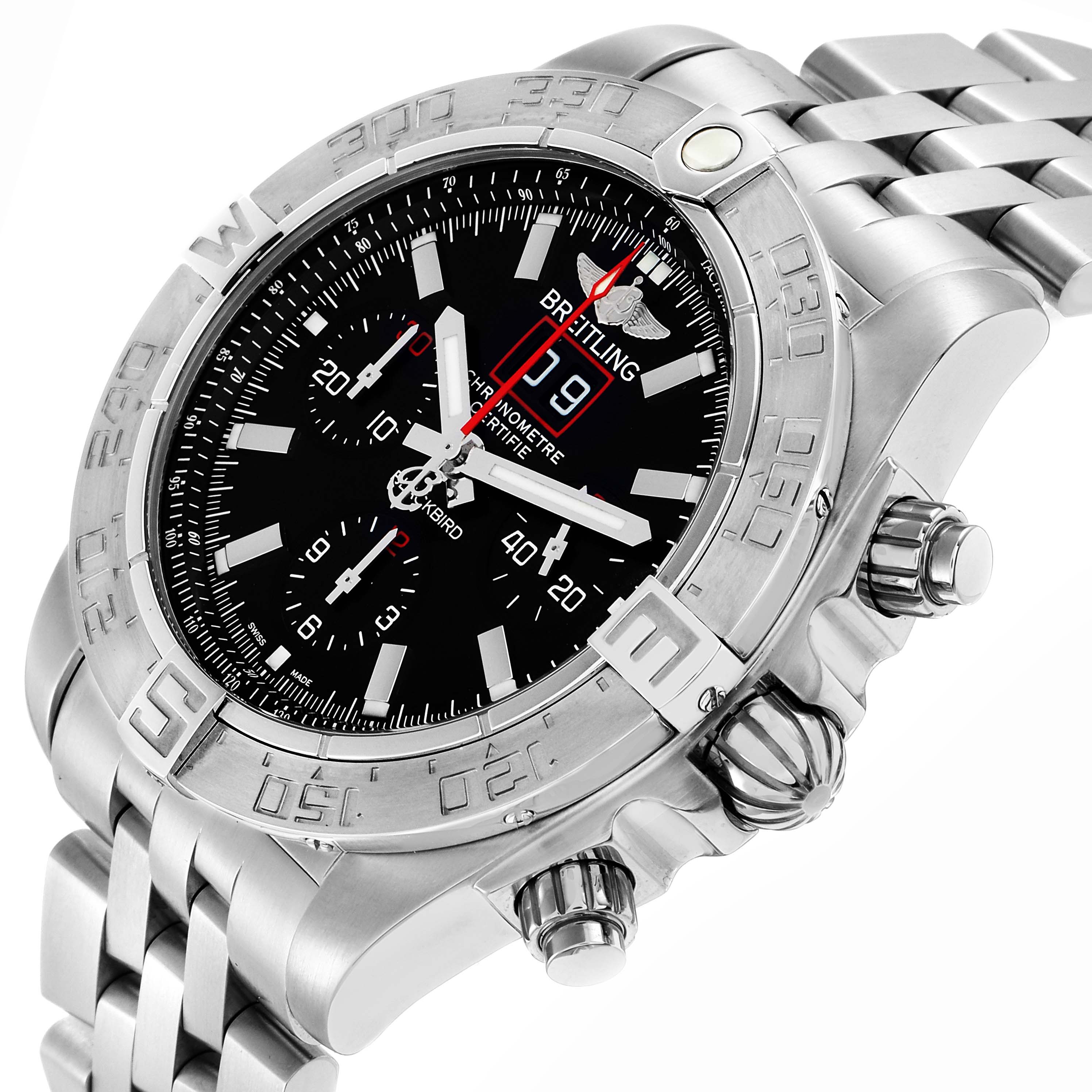 The image shows a Breitling Chronomat A44360 men's watch at an angled view, highlighting the bezel, dial, crown, pushers, and part of the metal bracelet.