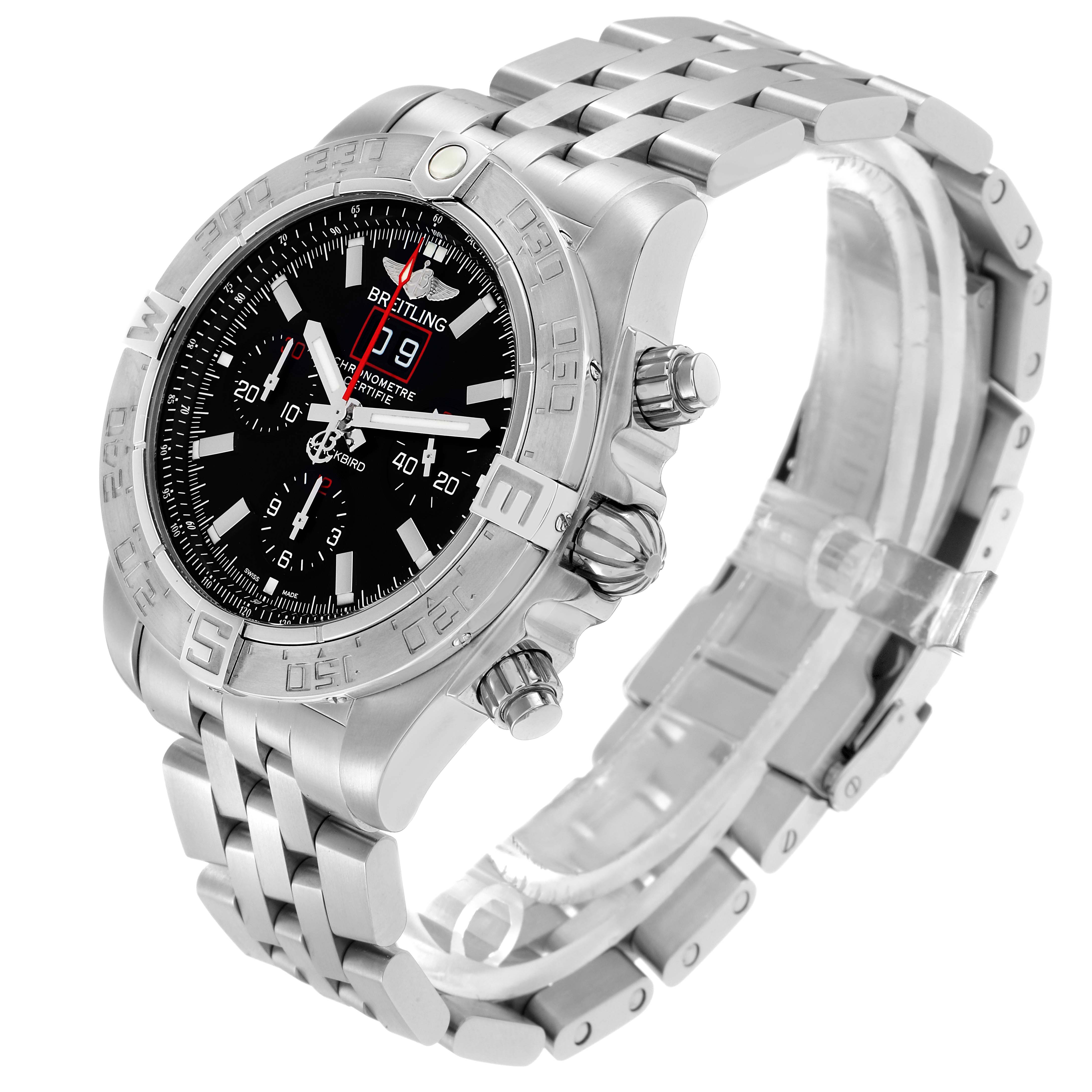 The Breitling Chronomat A44360 men's watch is shown at a three-quarter angle, displaying its silver bracelet, bezel, and black dial with subdials and markers.