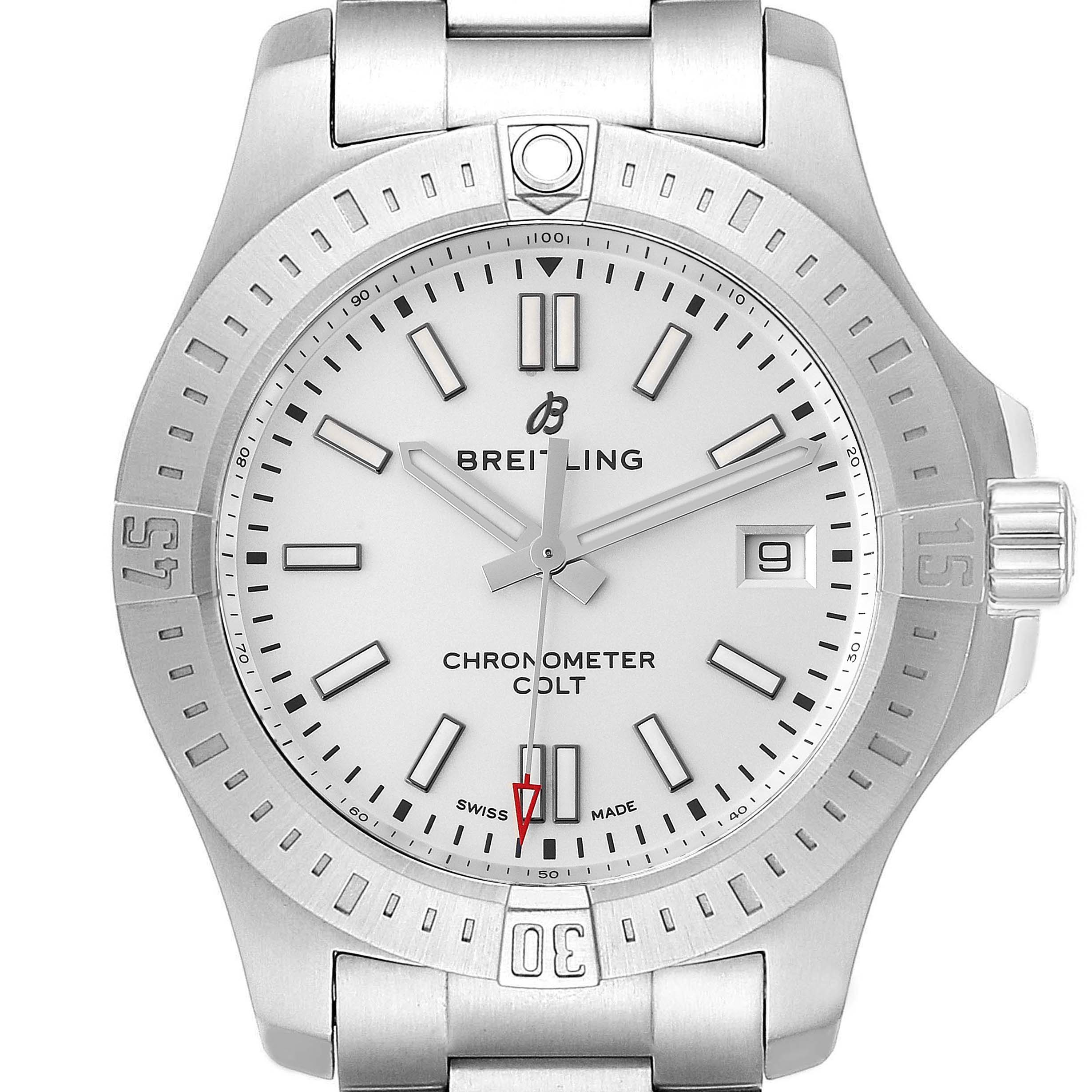 The image shows a frontal view of a Breitling Colt model watch (A17313), highlighting the dial, bezel, crown, and part of the bracelet.