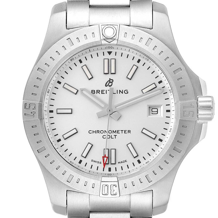 The image shows a frontal view of a Breitling Colt model watch (A17313), highlighting the dial, bezel, crown, and part of the bracelet.