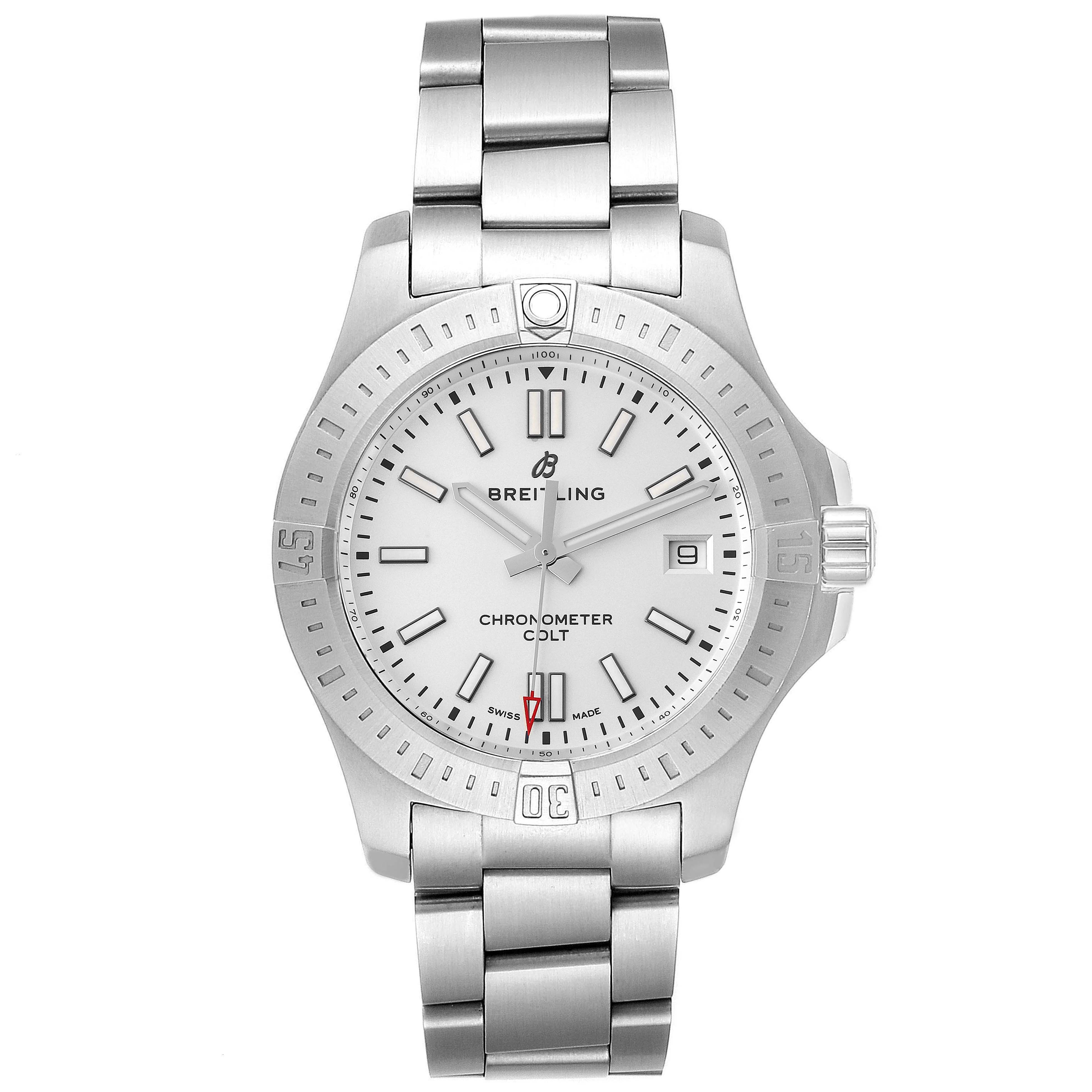 The image shows a Breitling Colt, model number A17313, from the front, highlighting the dial, bezel, bracelet, and crown.