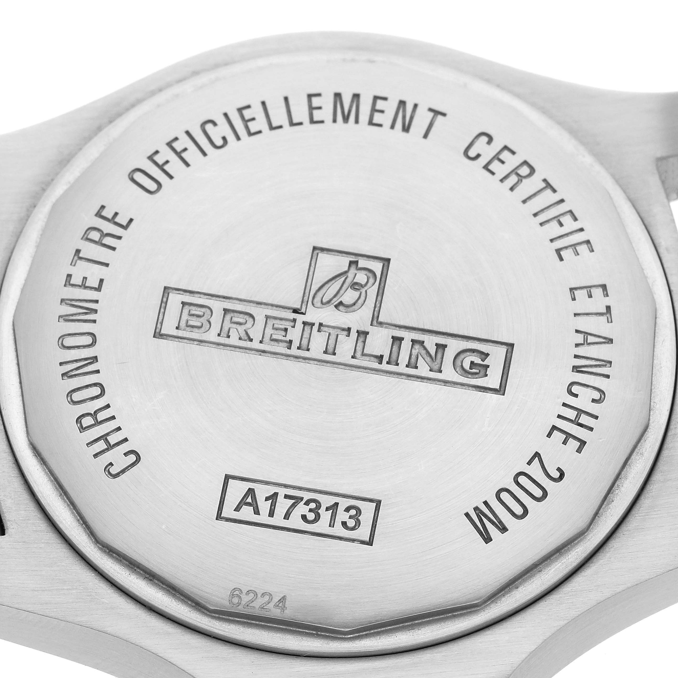 The image shows the back case of a Breitling Colt model A17313 men's watch, displaying brand engravings and model details.