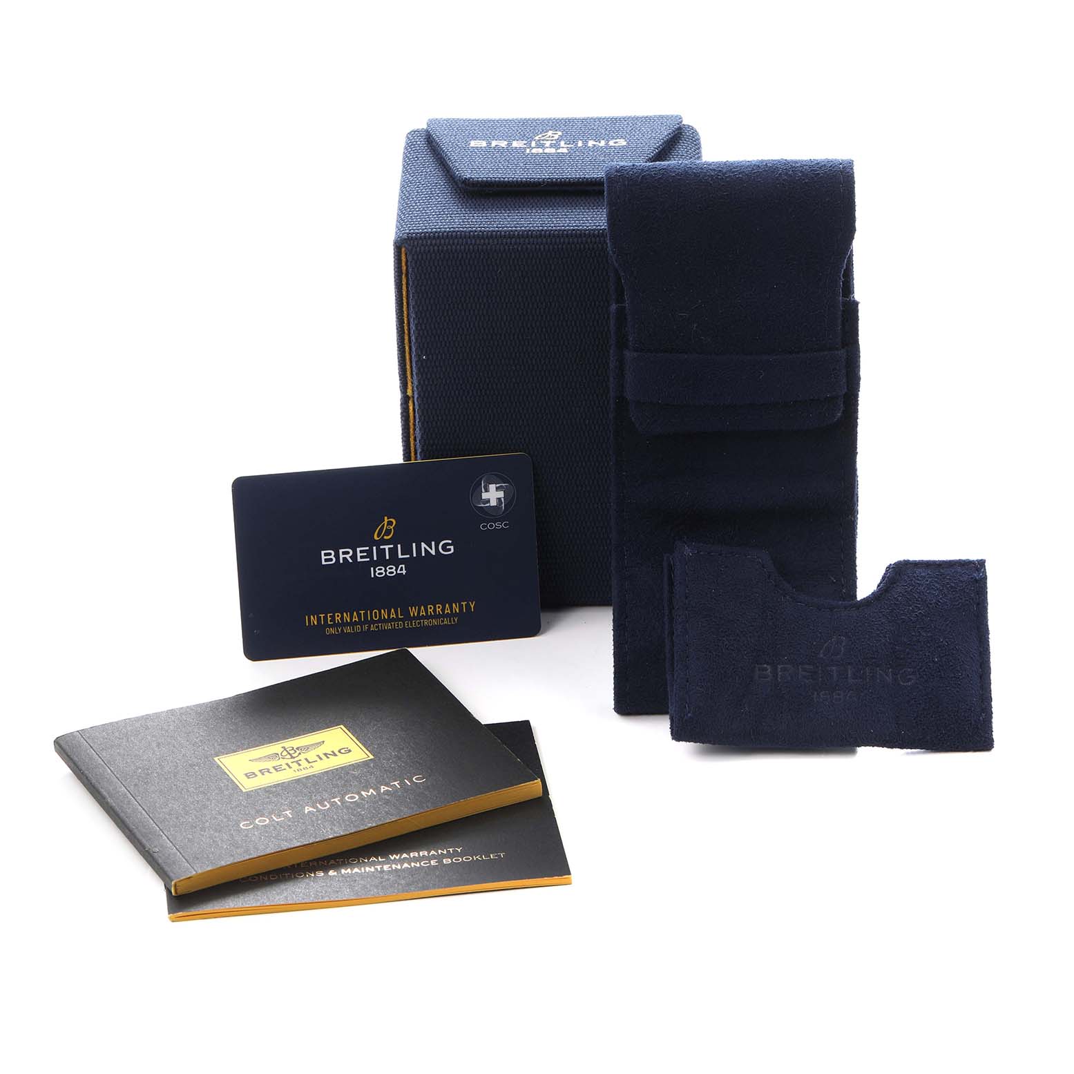 The image shows Breitling packaging and accessories for the Colt model A17313, including a box, pouch, international warranty card, and manuals.