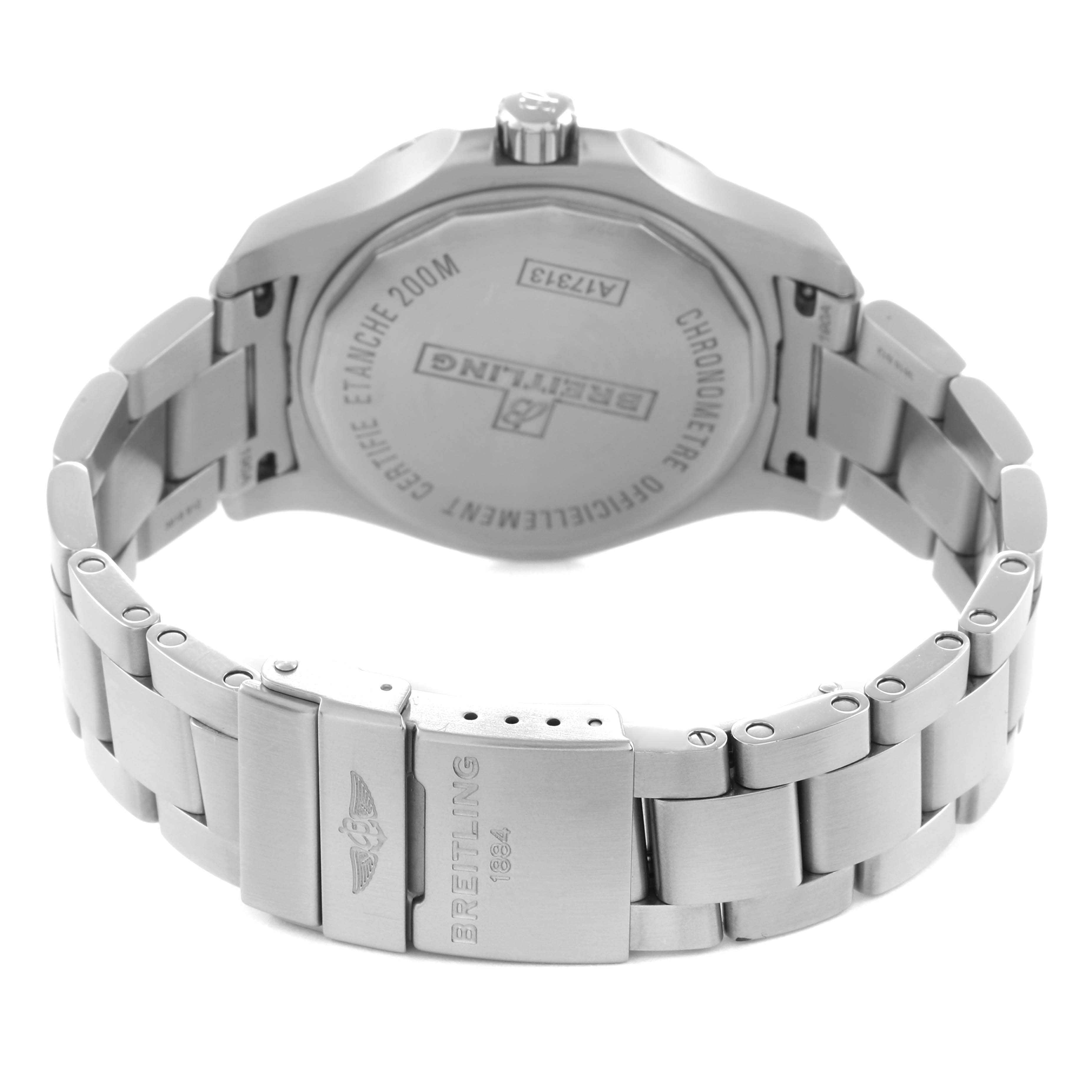 The image shows the back view of a Breitling Colt model A17313 men's watch, highlighting the case back, bracelet, and clasp.