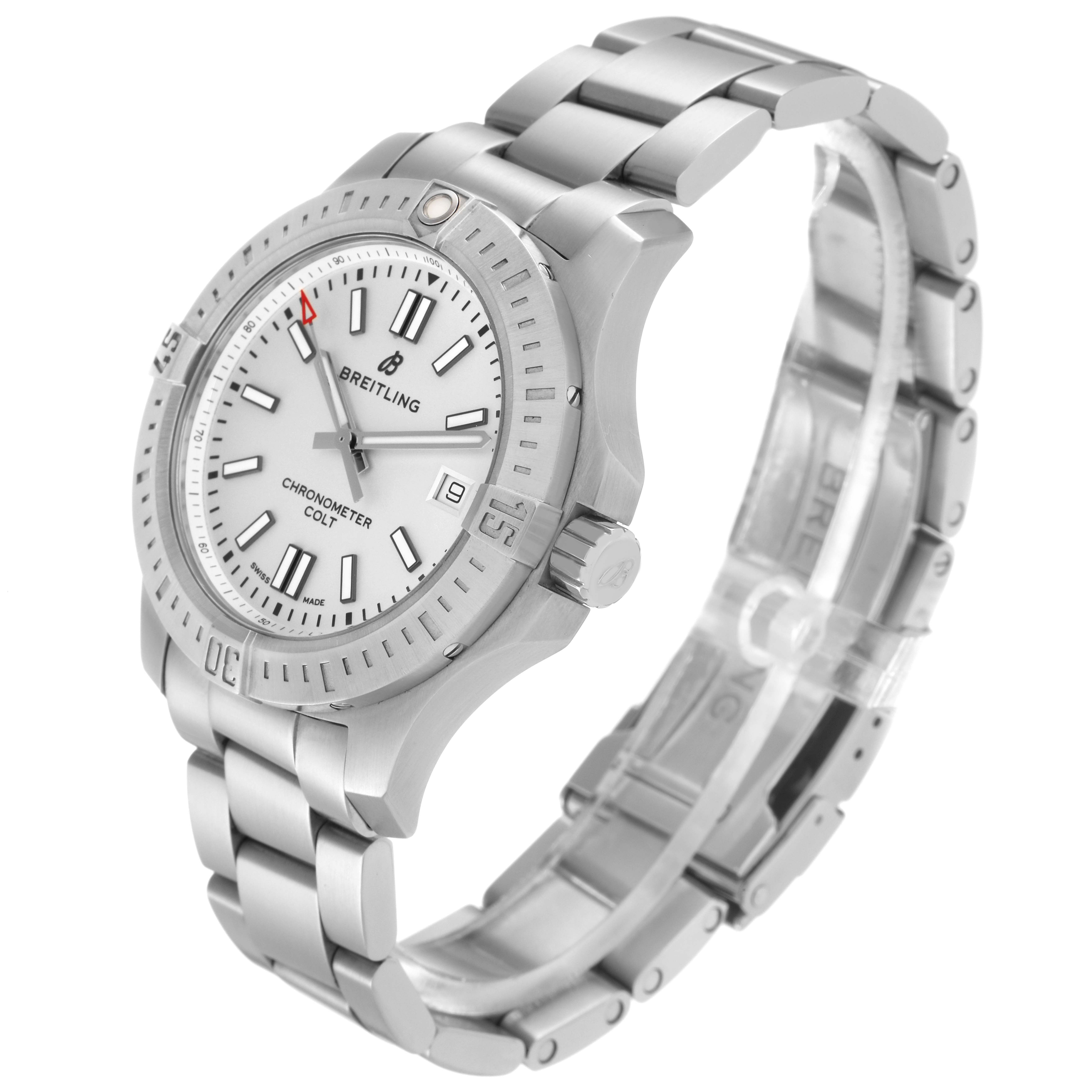 The Breitling Colt A17313 men's watch is shown at a side angle, highlighting the face, bezel, crown, and metal bracelet.
