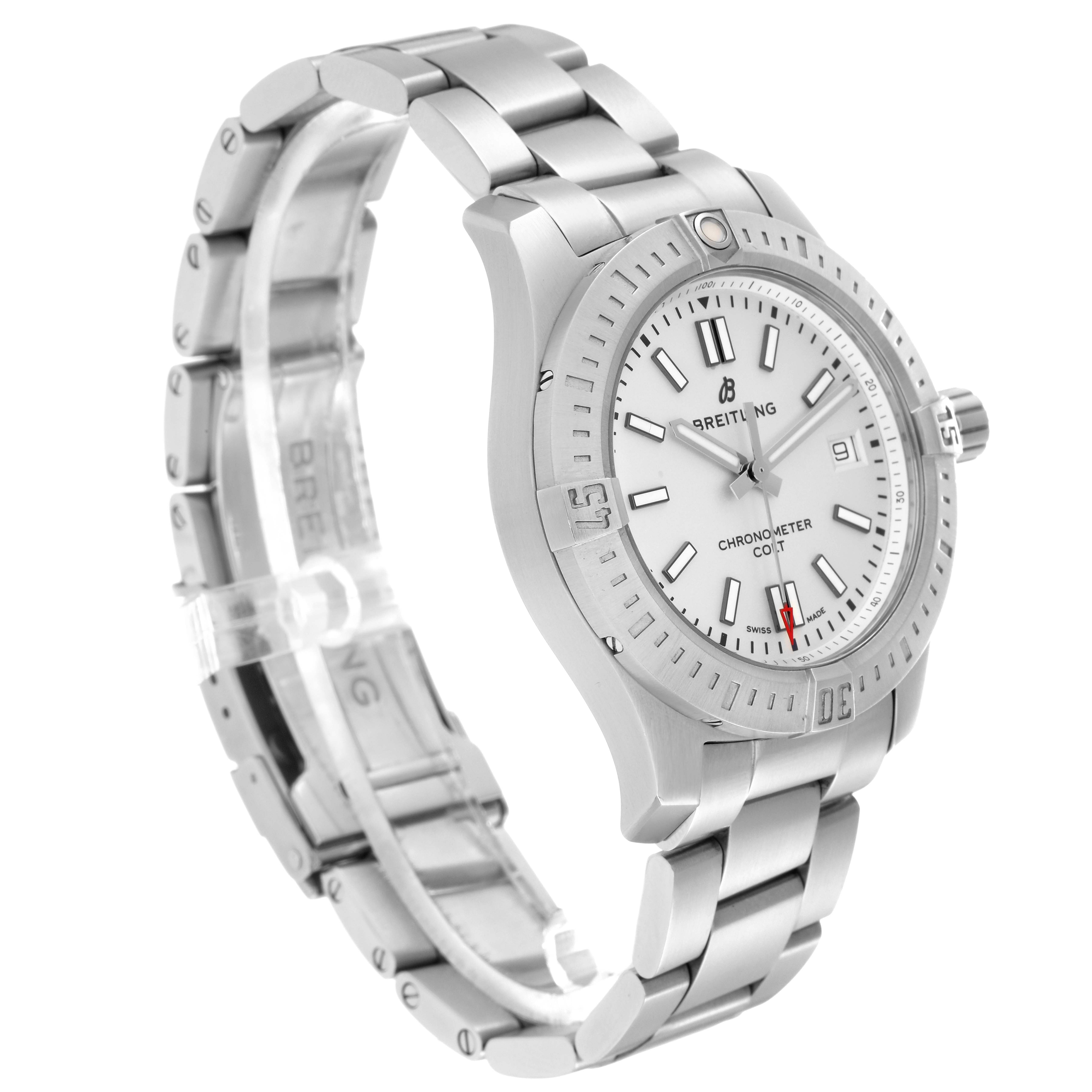 The image shows a Breitling Colt A17313 men's watch at a three-quarter angle, highlighting the bezel, face, crown, and stainless steel bracelet.