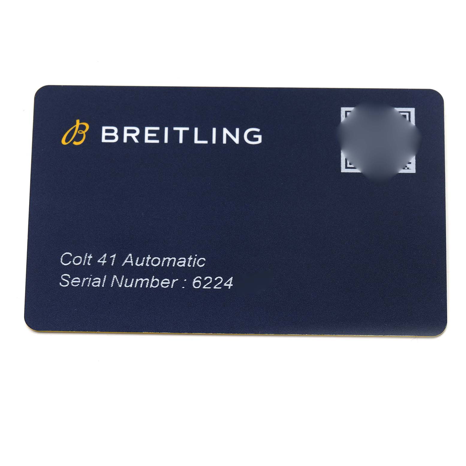 The image shows a Breitling Colt 41 Automatic card, part of the Breitling Colt model A17313 watch accessories, displaying branding and a serial number.