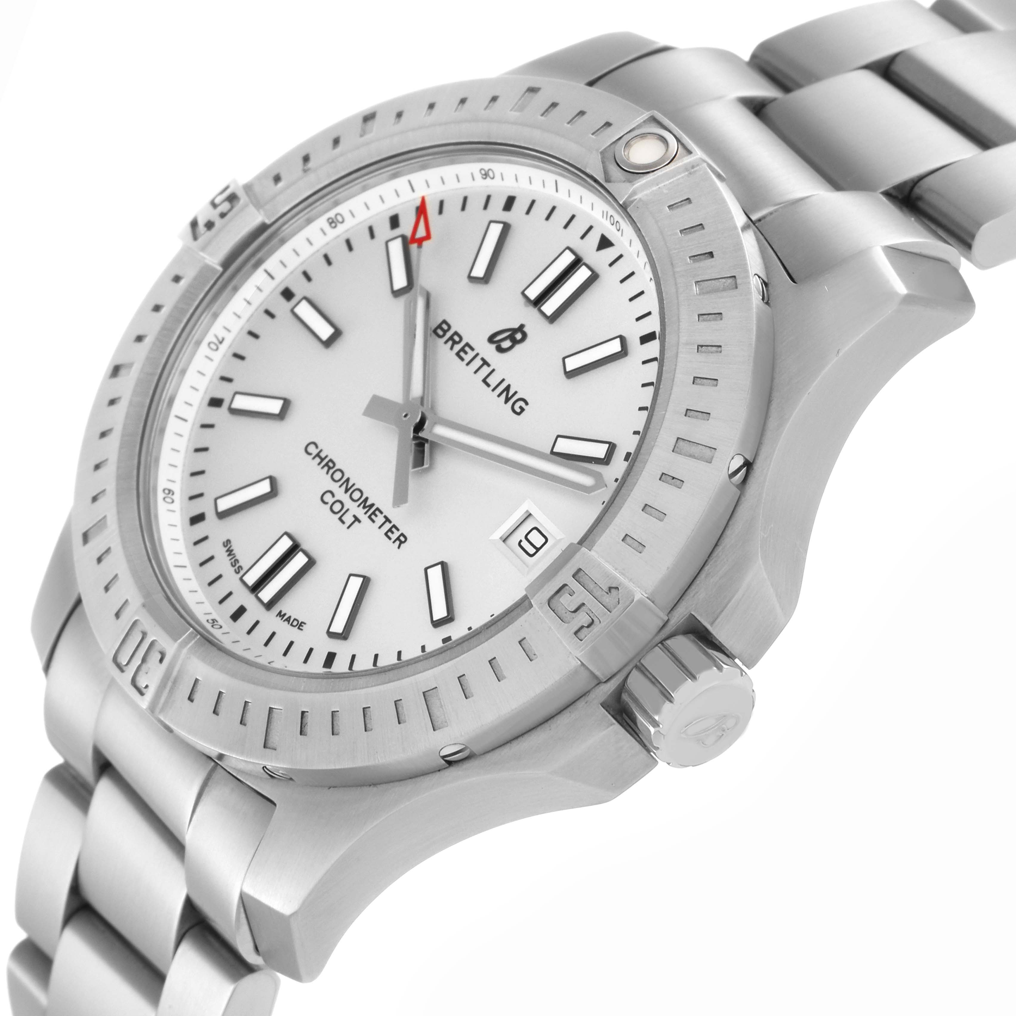 The image shows a Breitling Colt A17313 men's watch from a side angle, displaying the dial, bezel, bracelet, and crown.