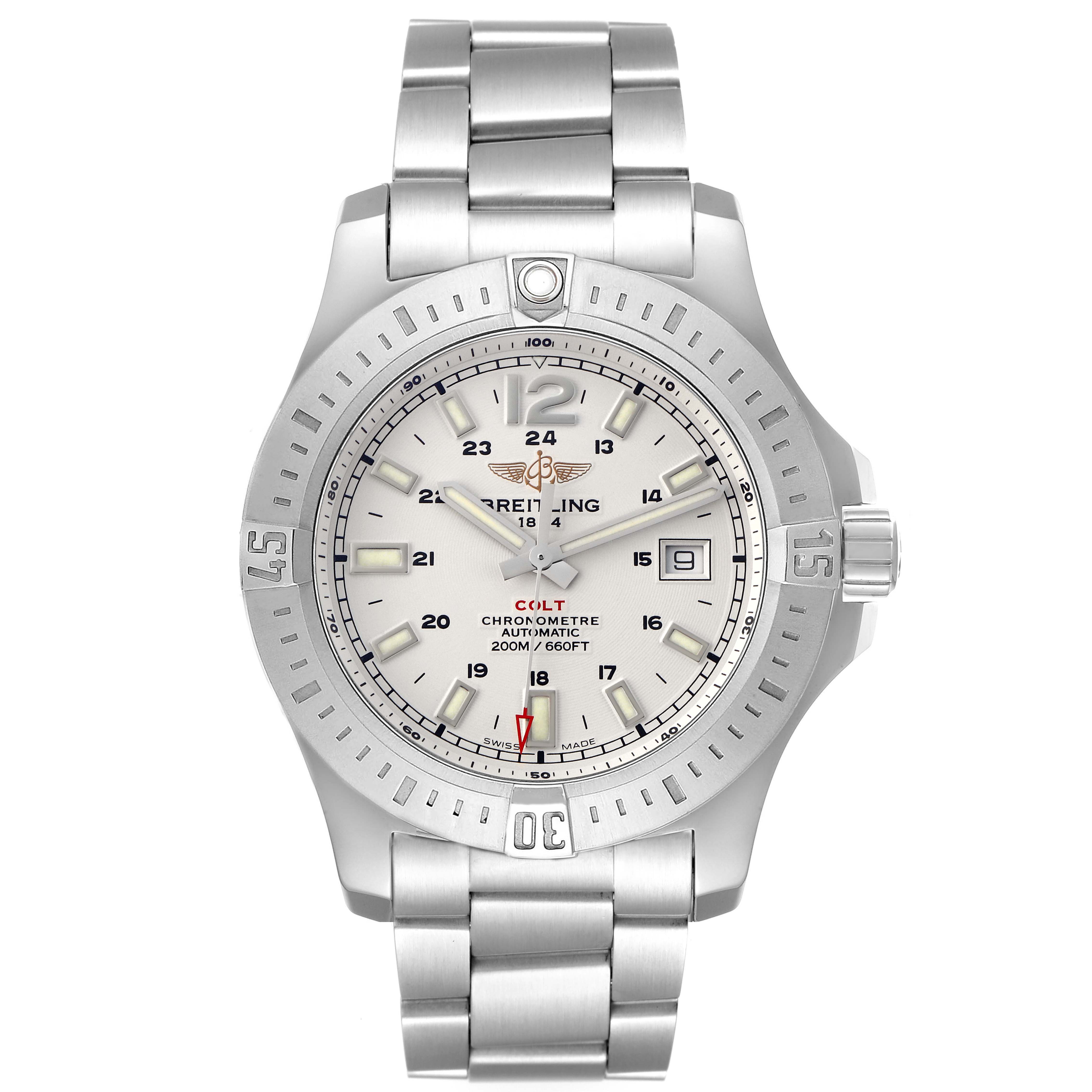 The Breitling Colt model A17388 men's watch is shown from a front angle, displaying its dial, bezel, bracelet, and crown clearly.