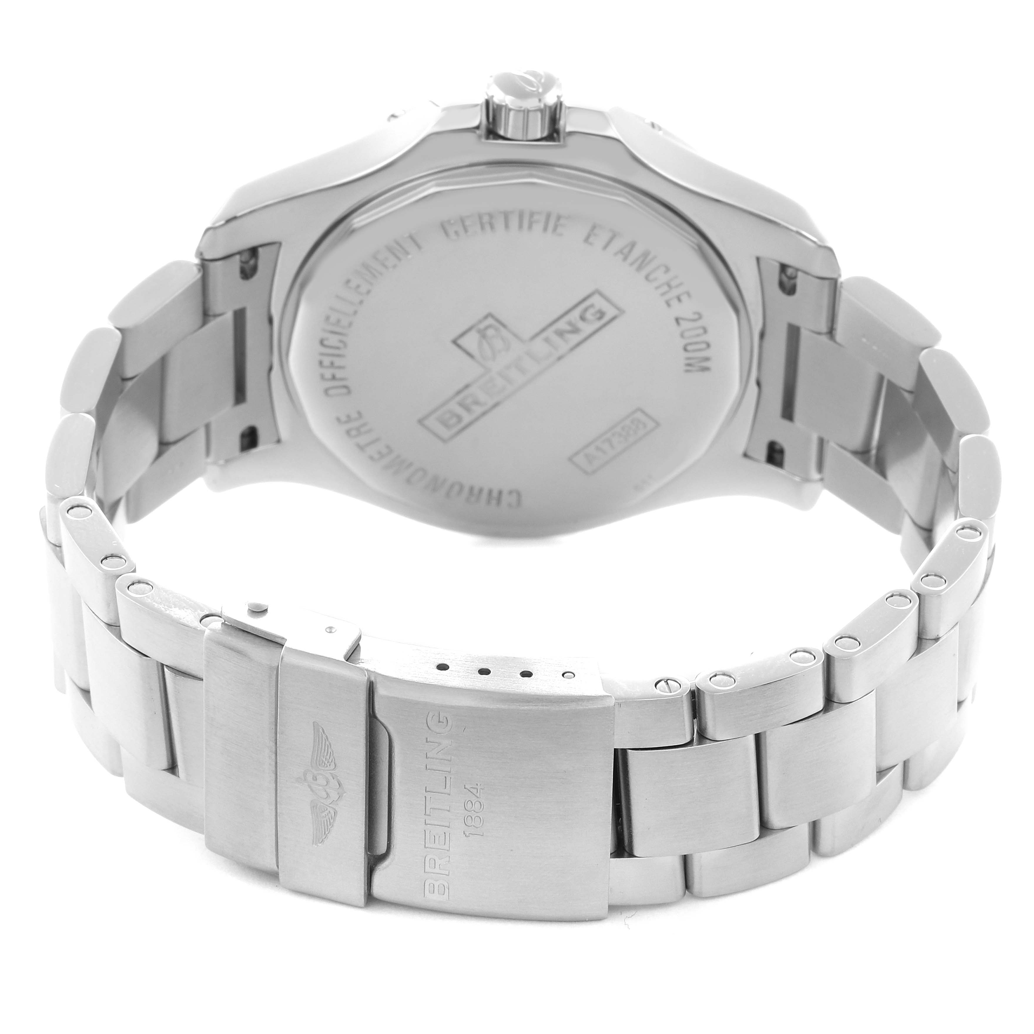 The image shows the back of the Breitling Colt model A17388 men's watch, highlighting the case back, bracelet, and clasp.
