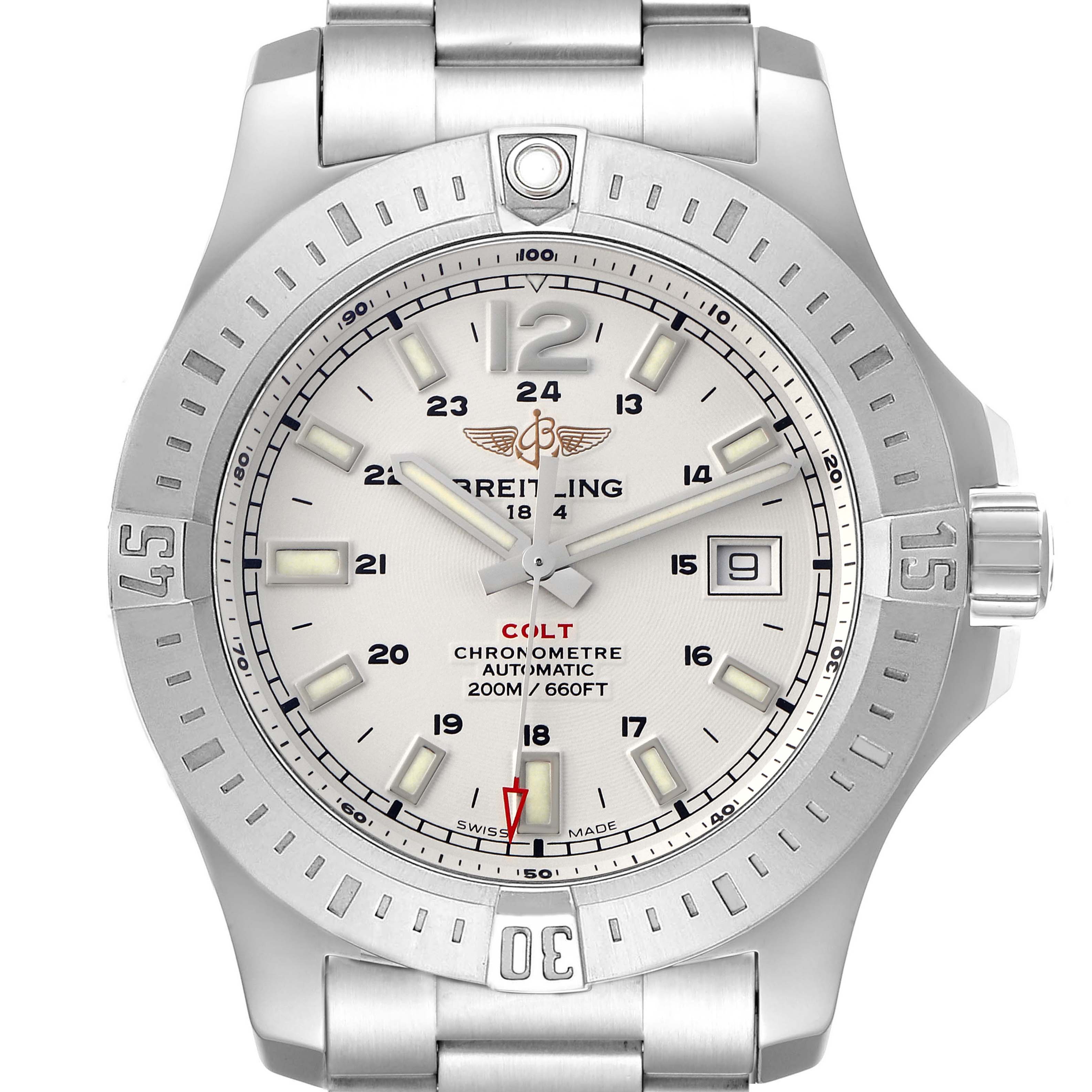The image shows a front view of the Breitling Colt A17388 men's watch, highlighting the dial, bezel, hands, crown, and part of the bracelet.