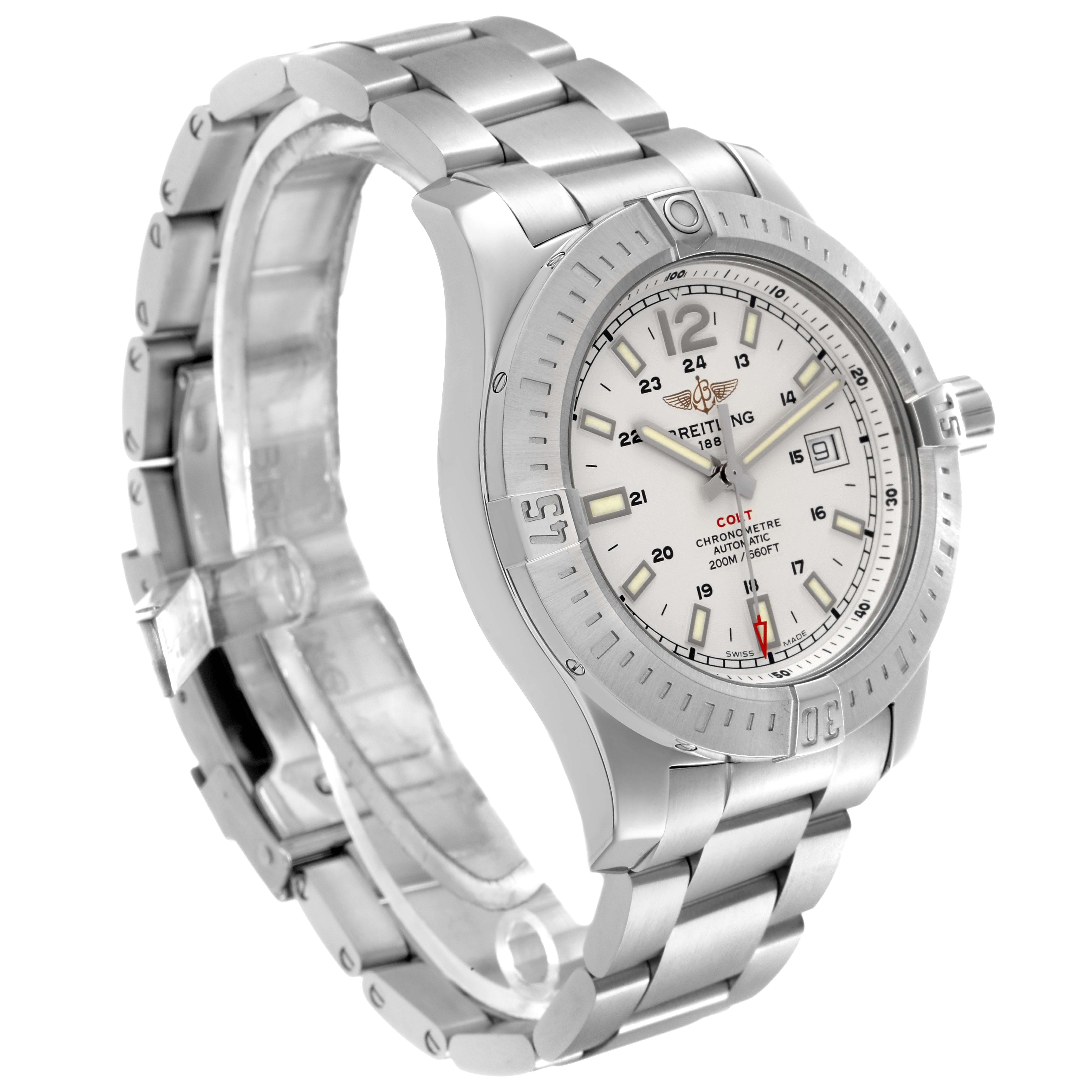 The Breitling Colt model A17388 men's watch is shown at a slight angle, highlighting the face, bezel, and stainless steel bracelet.