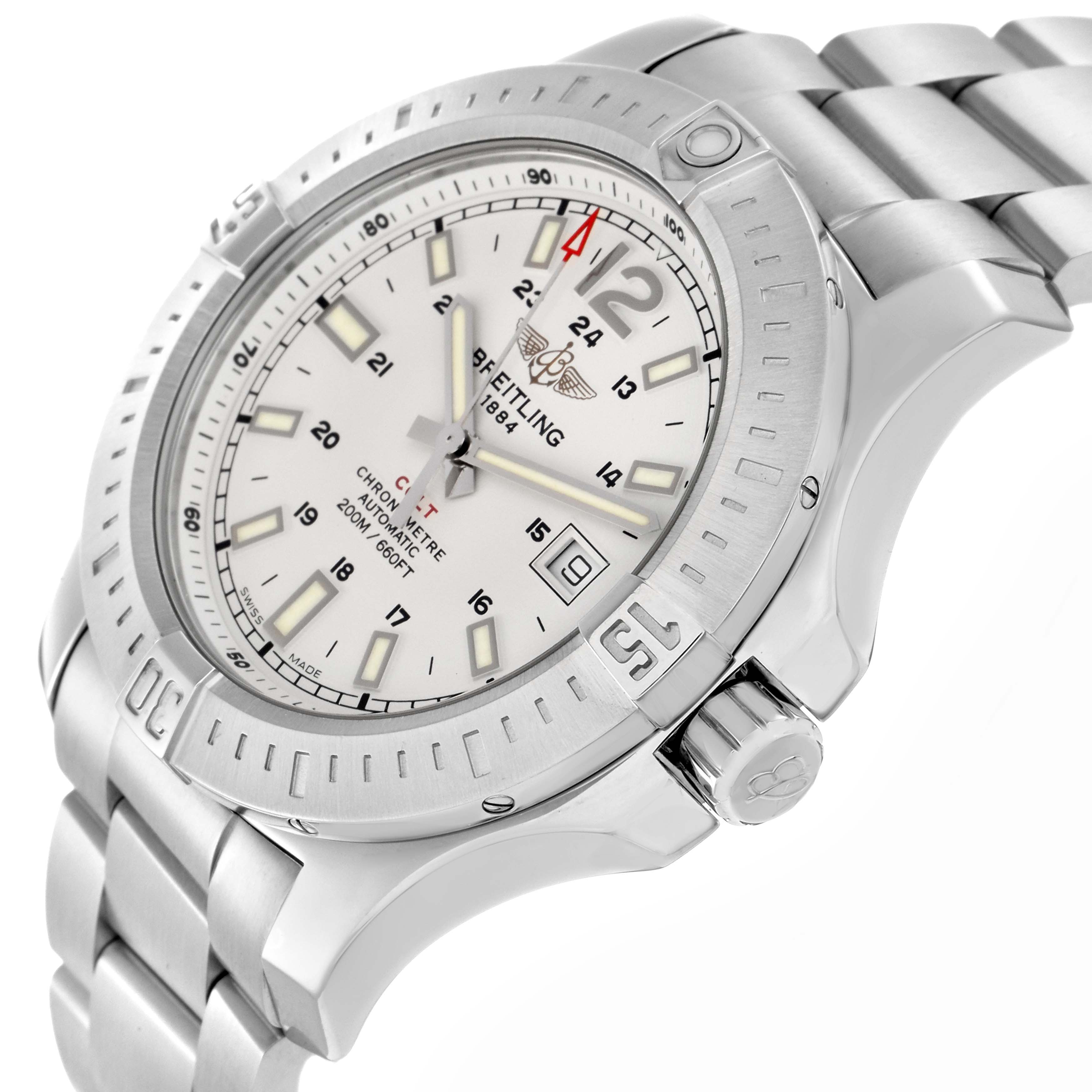 The image shows the Breitling Colt A17388 men's watch from a slightly angled side view, highlighting the face, bezel, crown, and part of the bracelet.