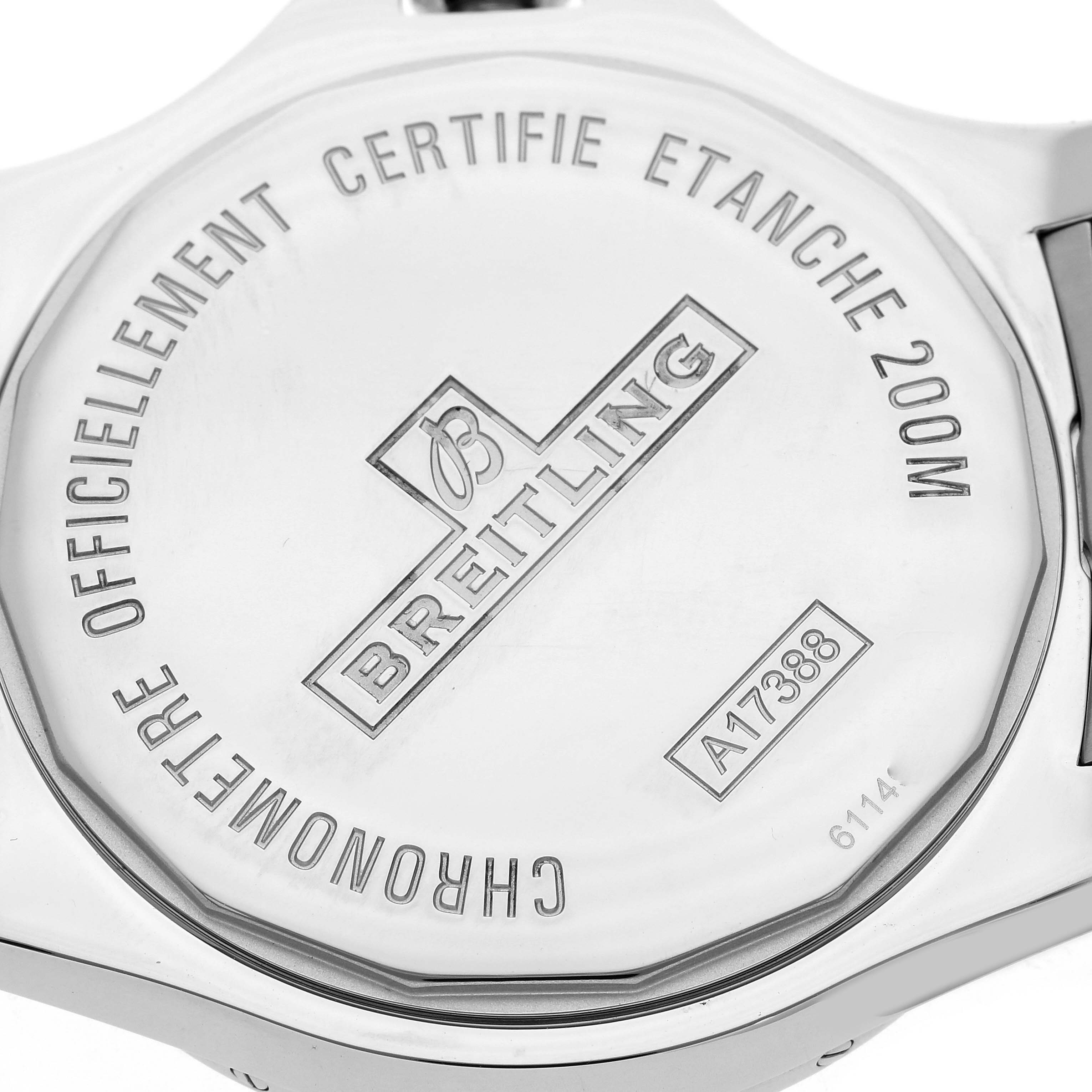 The image shows the back case of the Breitling Colt model A17388 men's watch, displaying engravings and water resistance details.