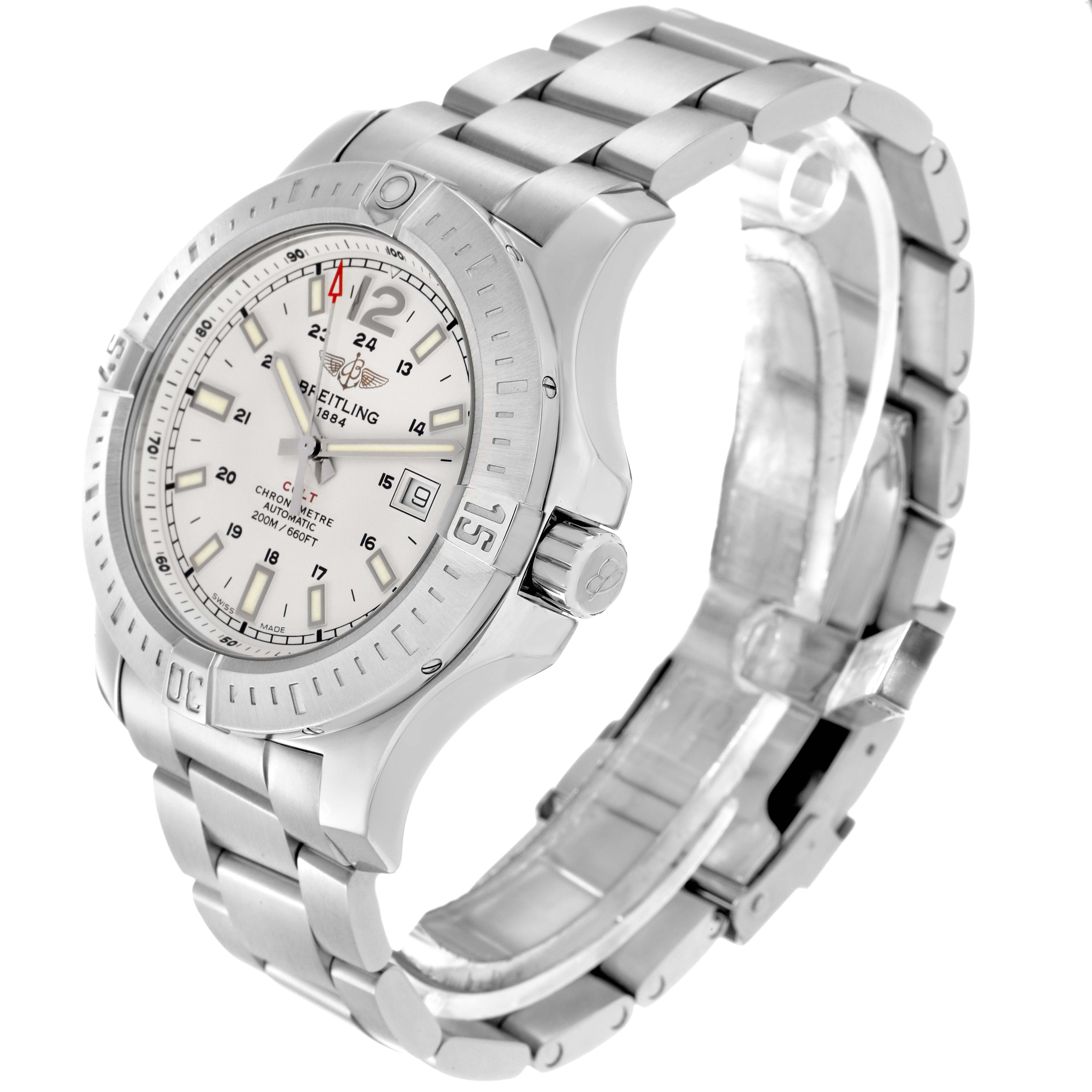 The Breitling Colt model A17388 men's watch is shown at a three-quarter angle, highlighting the face, bezel, crown, and part of the metal bracelet.