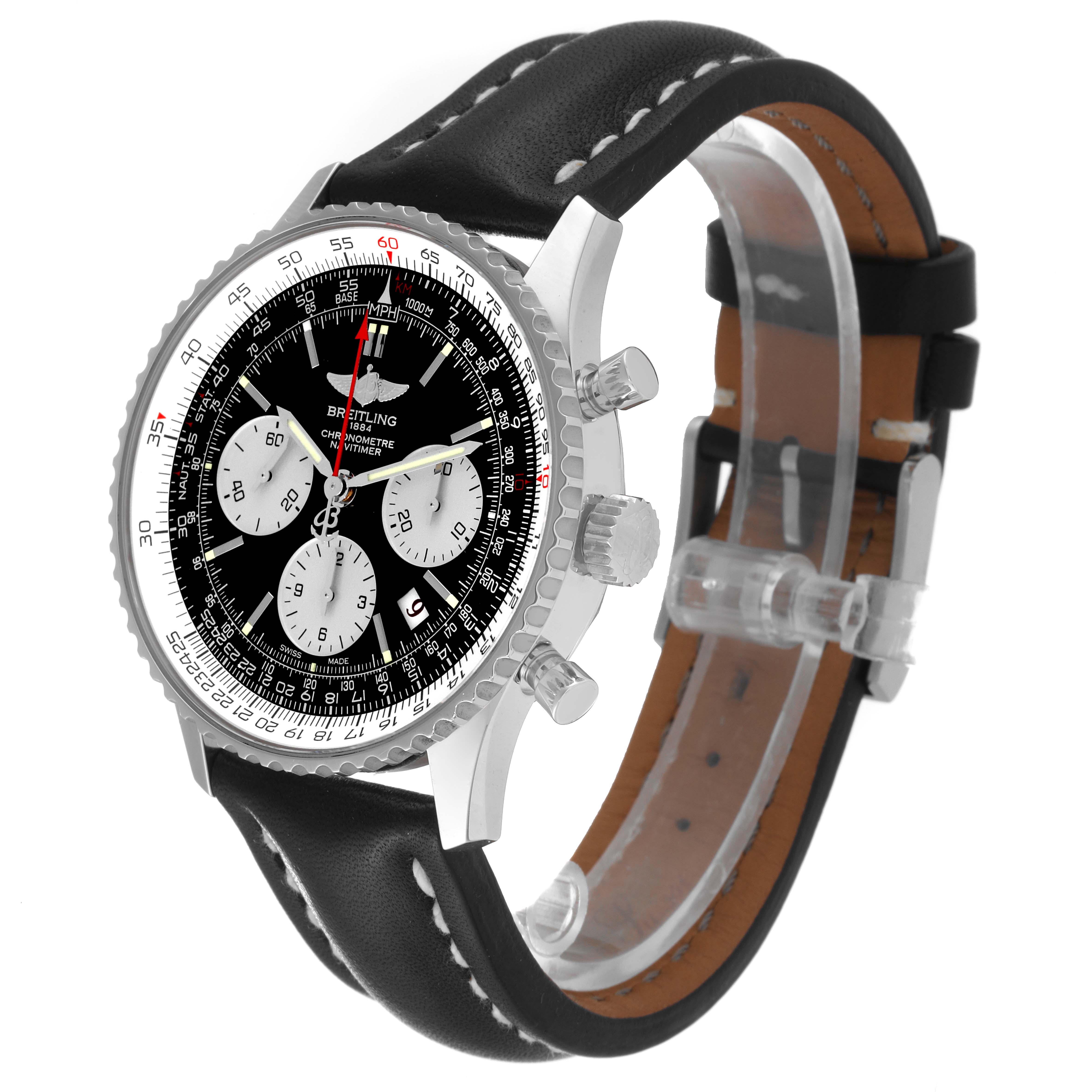 The Breitling Navitimer AB0121 Men's Stainless Steel Black Dial AB0121 Men's Stainless Steel Black Dial watch is shown at an oblique angle, displaying its face, crown, pushers, and leather strap.