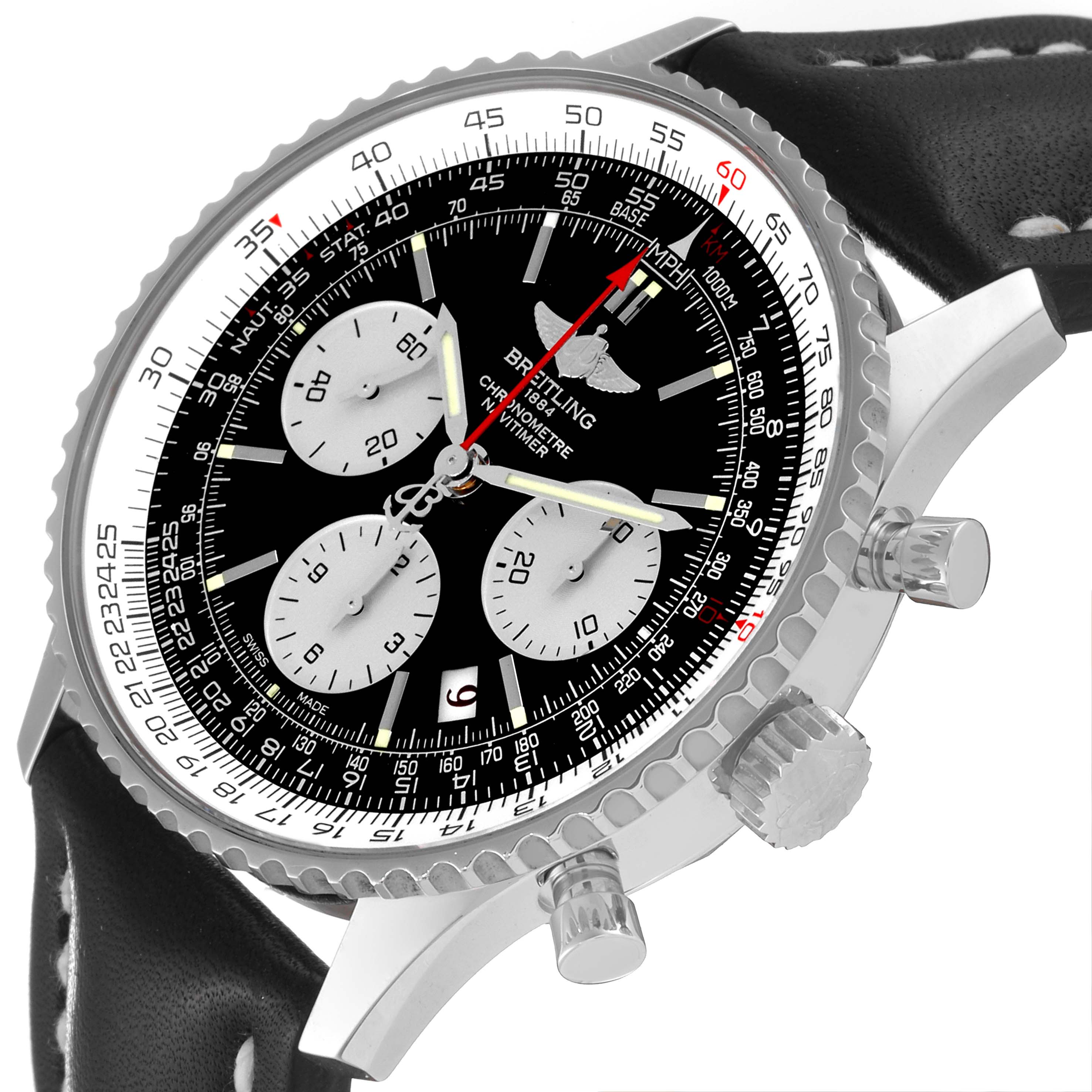 The image shows a close-up angled view of the Breitling Navitimer AB0121 Men's Stainless Steel Black Dial AB0121 Men's Stainless Steel Black Dial watch face, bezel, and black leather strap.