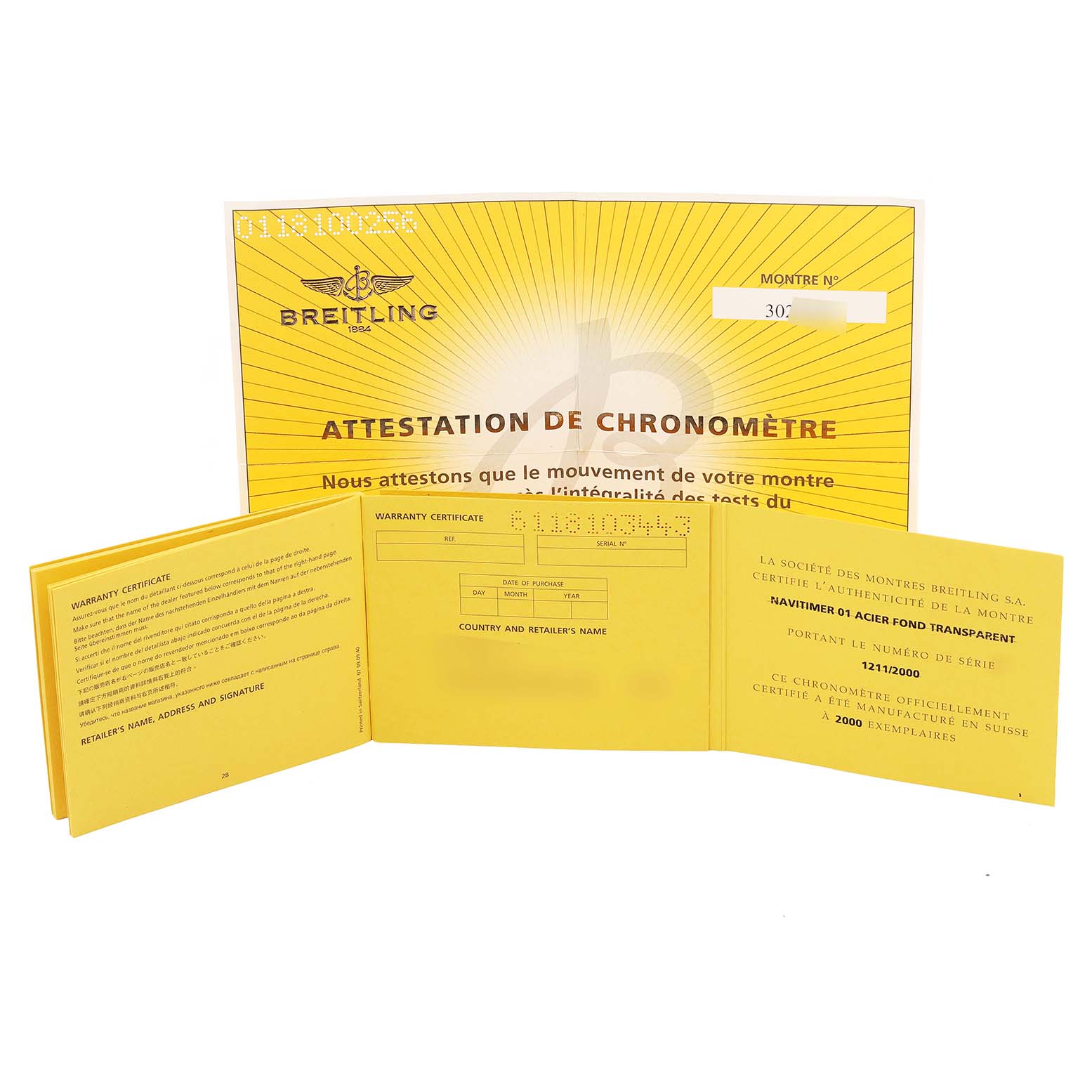 The image shows warranty and authenticity papers for a Breitling Navitimer AB0121 Men's Stainless Steel Black Dial AB0121 Men's Stainless Steel Black Dial watch viewed from the front.