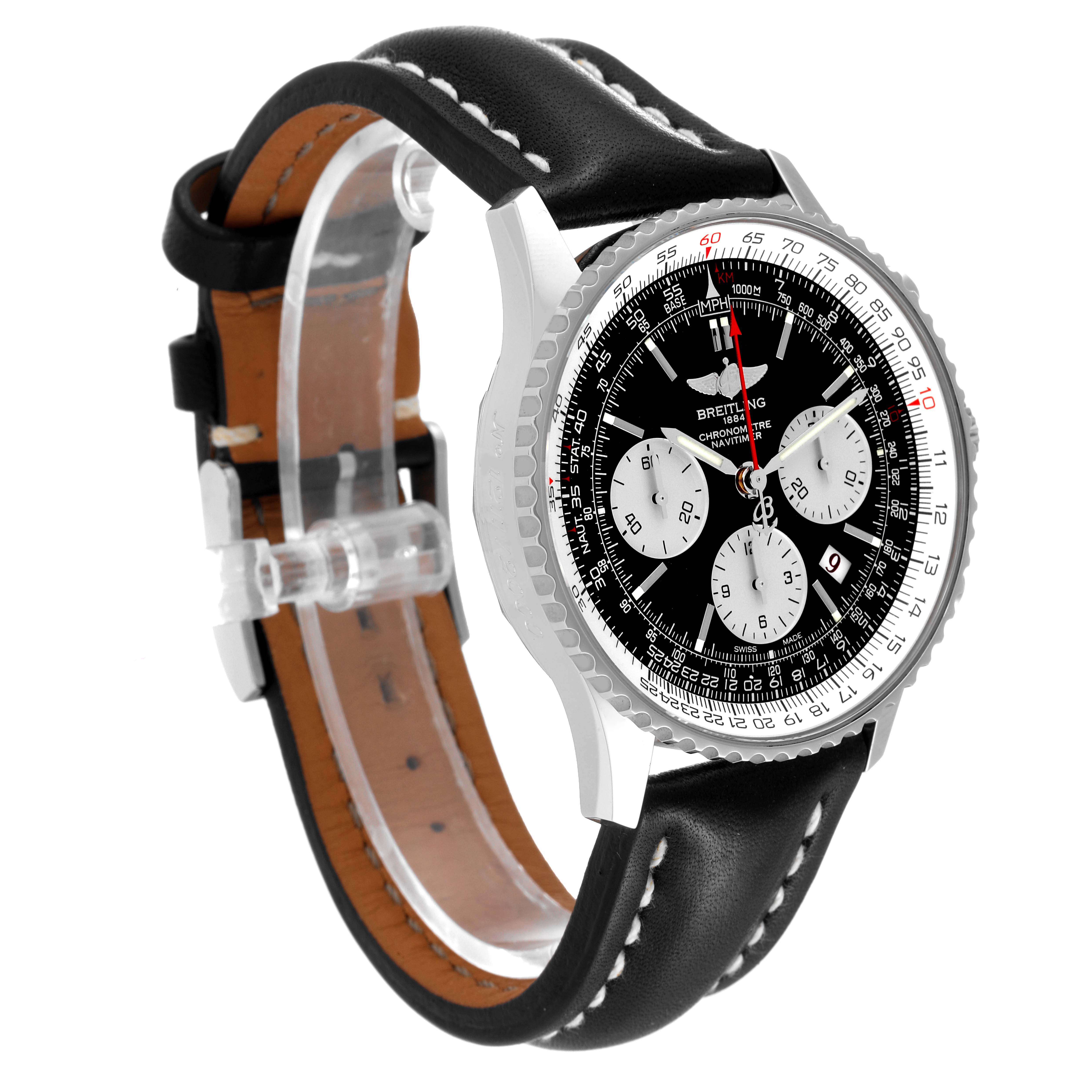 The image shows a Breitling Navitimer AB0121 Men's Stainless Steel Black Dial AB0121 Men's Stainless Steel Black Dial watch at a slight side angle, highlighting the black dial, white subdials, and black leather strap.