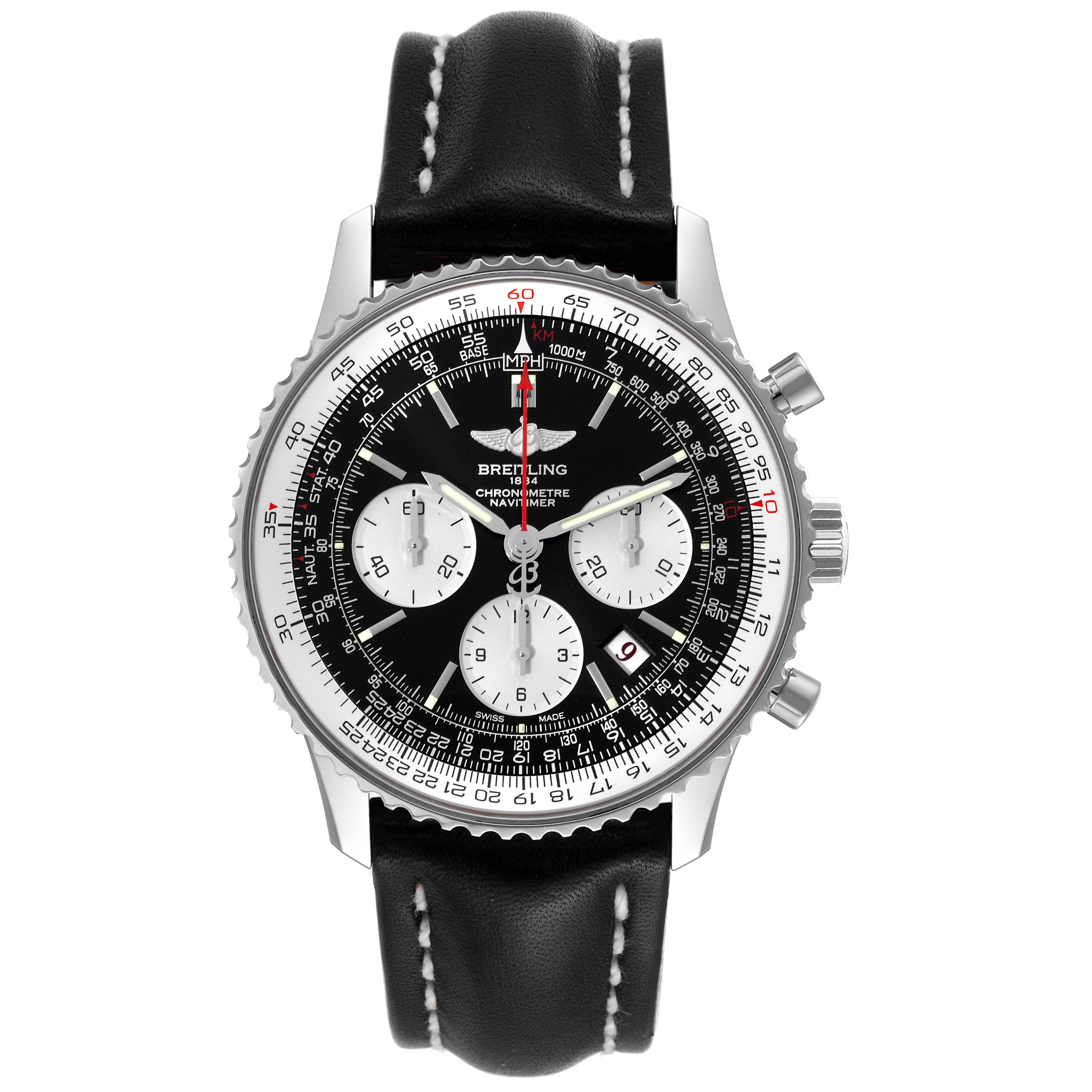 This is a front view of a Breitling Navitimer AB0121 Men's Stainless Steel Black Dial AB0121 Men's Stainless Steel Black Dial watch, showing the dial, bezel, and leather strap.