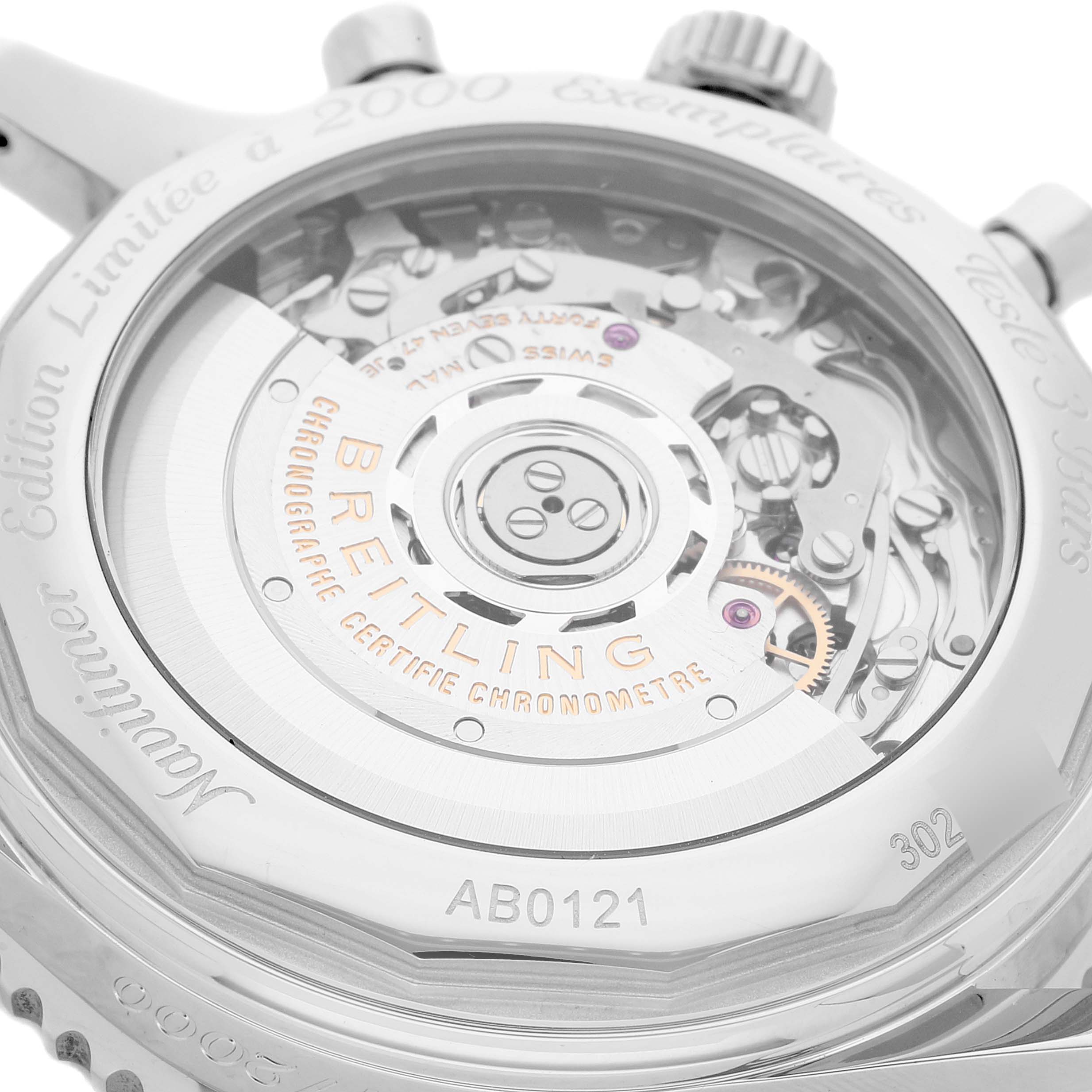 The image shows the back view of a Breitling Navitimer AB0121 Men's Stainless Steel Black Dial AB0121 Men's Stainless Steel Black Dial watch, displaying its intricate mechanical movement.