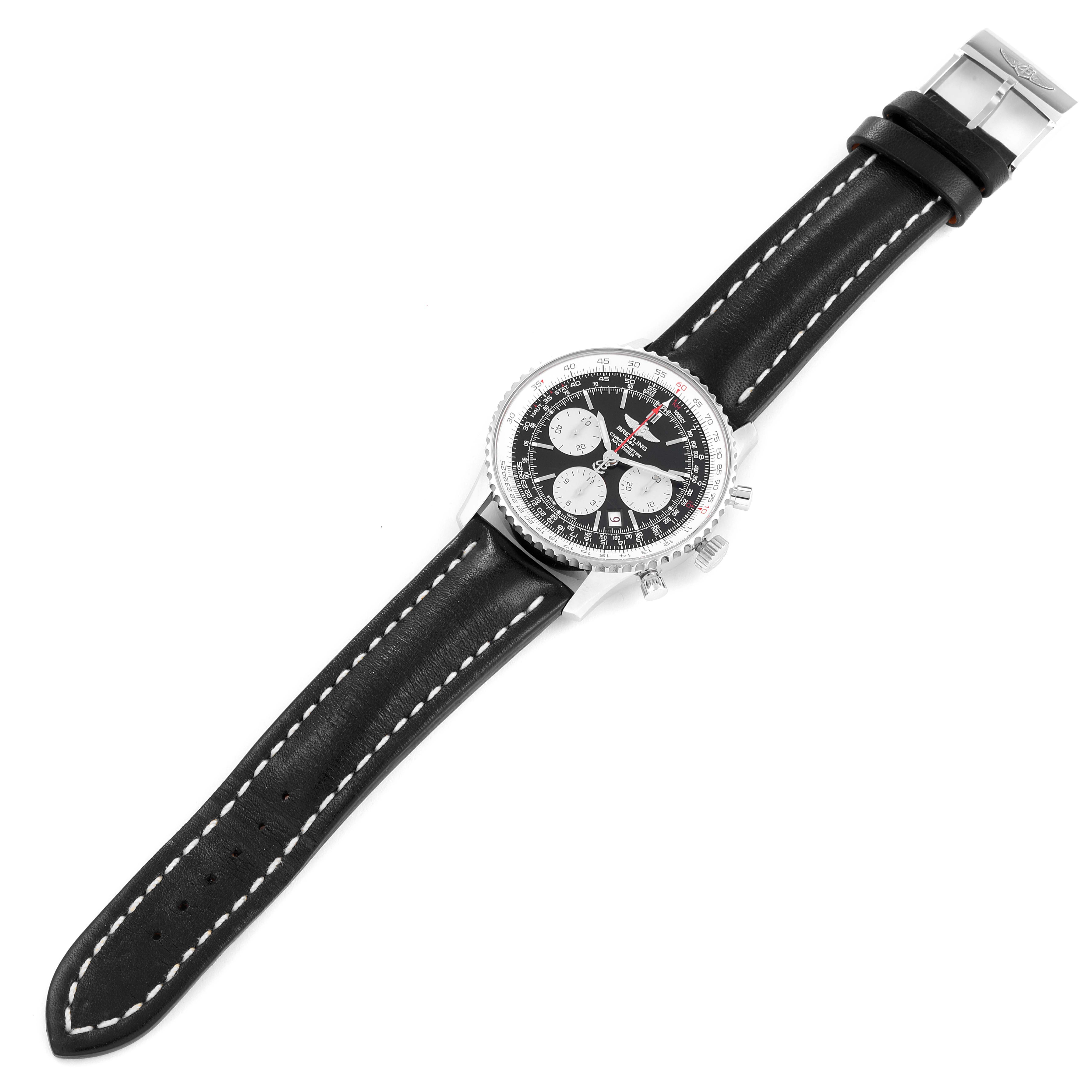 The image shows a Breitling Navitimer AB0121 Men's Stainless Steel Black Dial AB0121 Men's Stainless Steel Black Dial watch from a top-down angle, displaying the face, bezel, strap, and buckle.