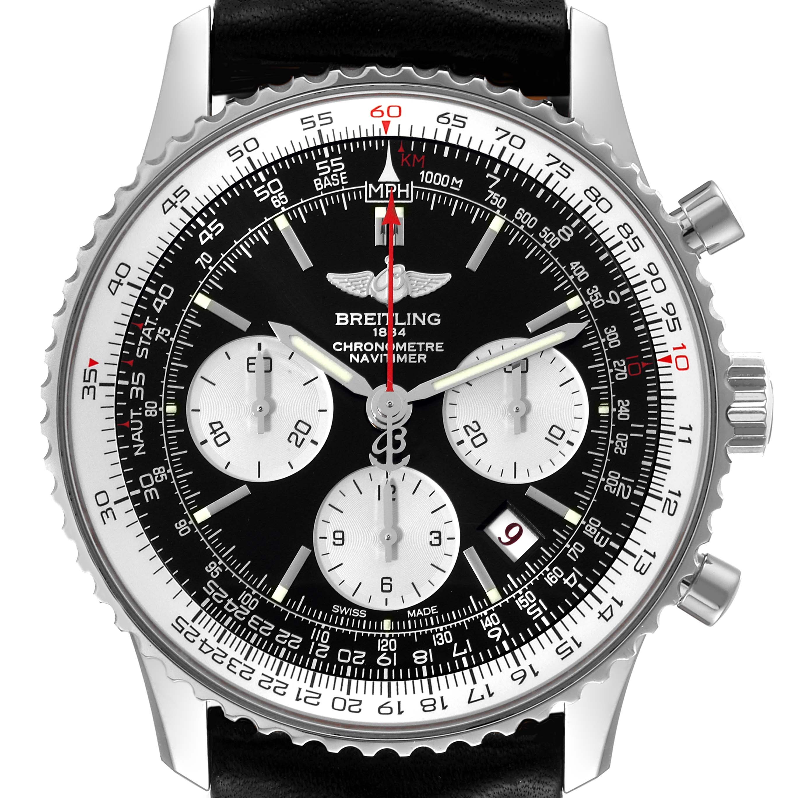 The image shows a frontal view of the Breitling Navitimer AB0121 Men's Stainless Steel Black Dial AB0121 Men's Stainless Steel Black Dial watch, highlighting its black dial, chronograph sub-dials, and slide rule bezel.