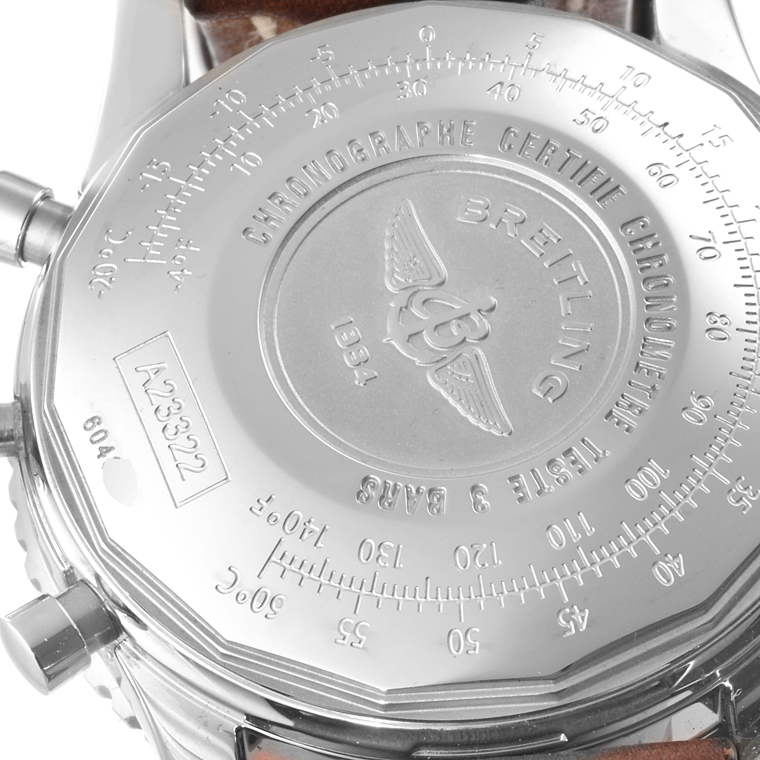 The image shows the rear view of the Breitling Navitimer A23322 Men's Stainless Steel Silver Dial A23322 Men's Stainless Steel Silver Dial watch, highlighting the case back and engravings.