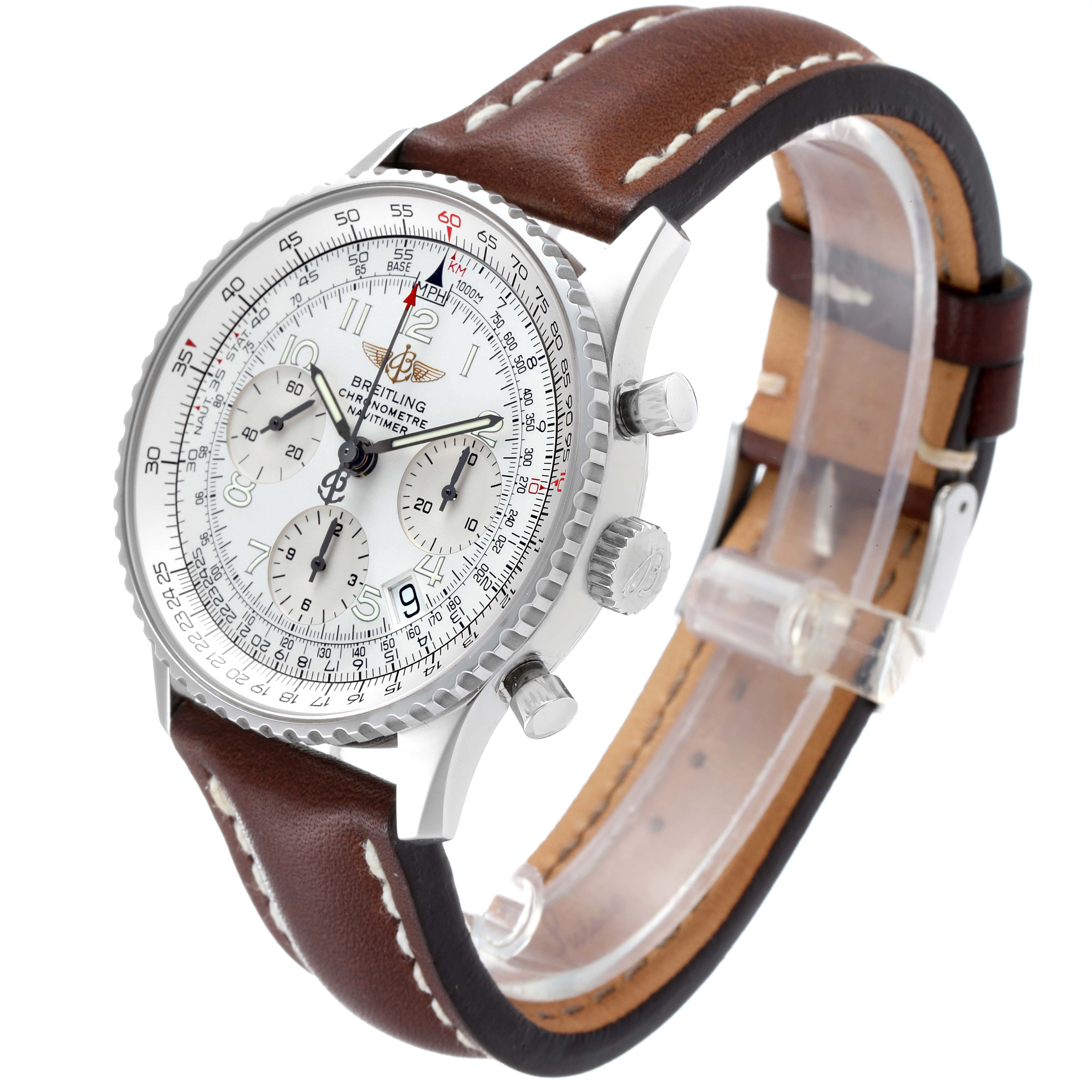 The Breitling Navitimer A23322 Men's Stainless Steel Silver Dial A23322 Men's Stainless Steel Silver Dial watch is shown from a three-quarter angle, highlighting the face, bezel, crown, chronograph pushers, and leather strap.