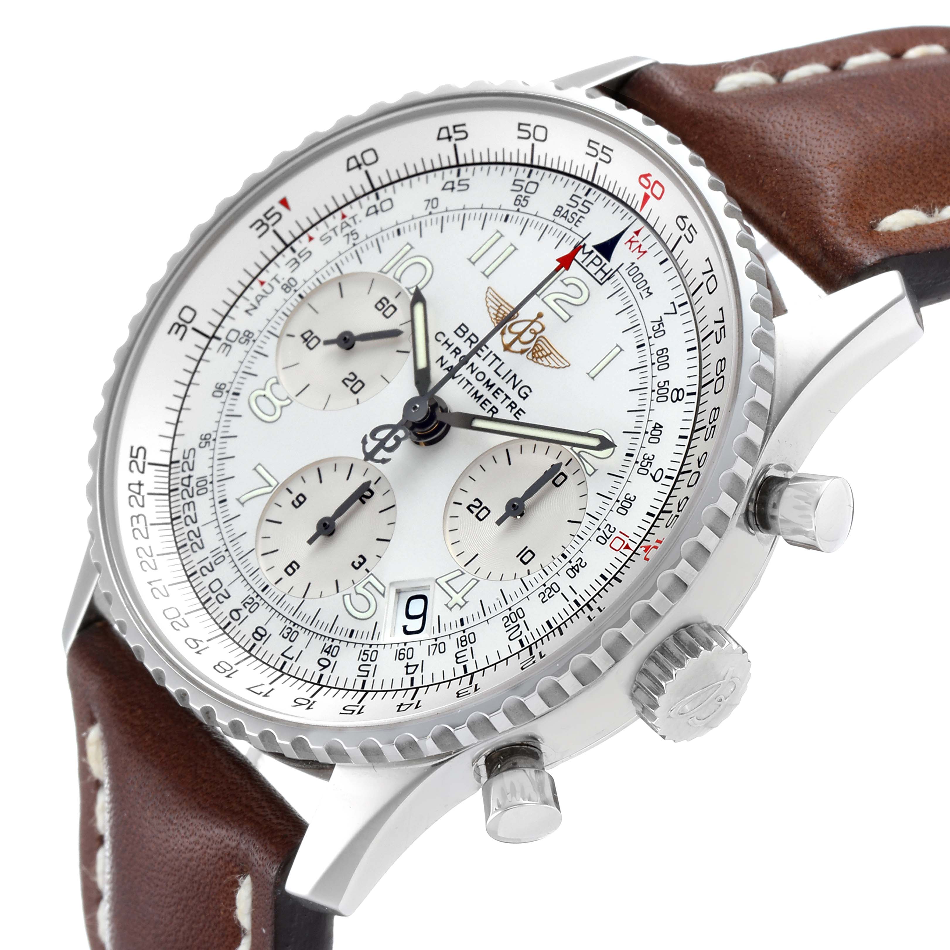 The image shows a side angle of a Breitling Navitimer A23322 Men's Stainless Steel Silver Dial A23322 Men's Stainless Steel Silver Dial watch, highlighting its dial, bezel, crown, and leather strap.