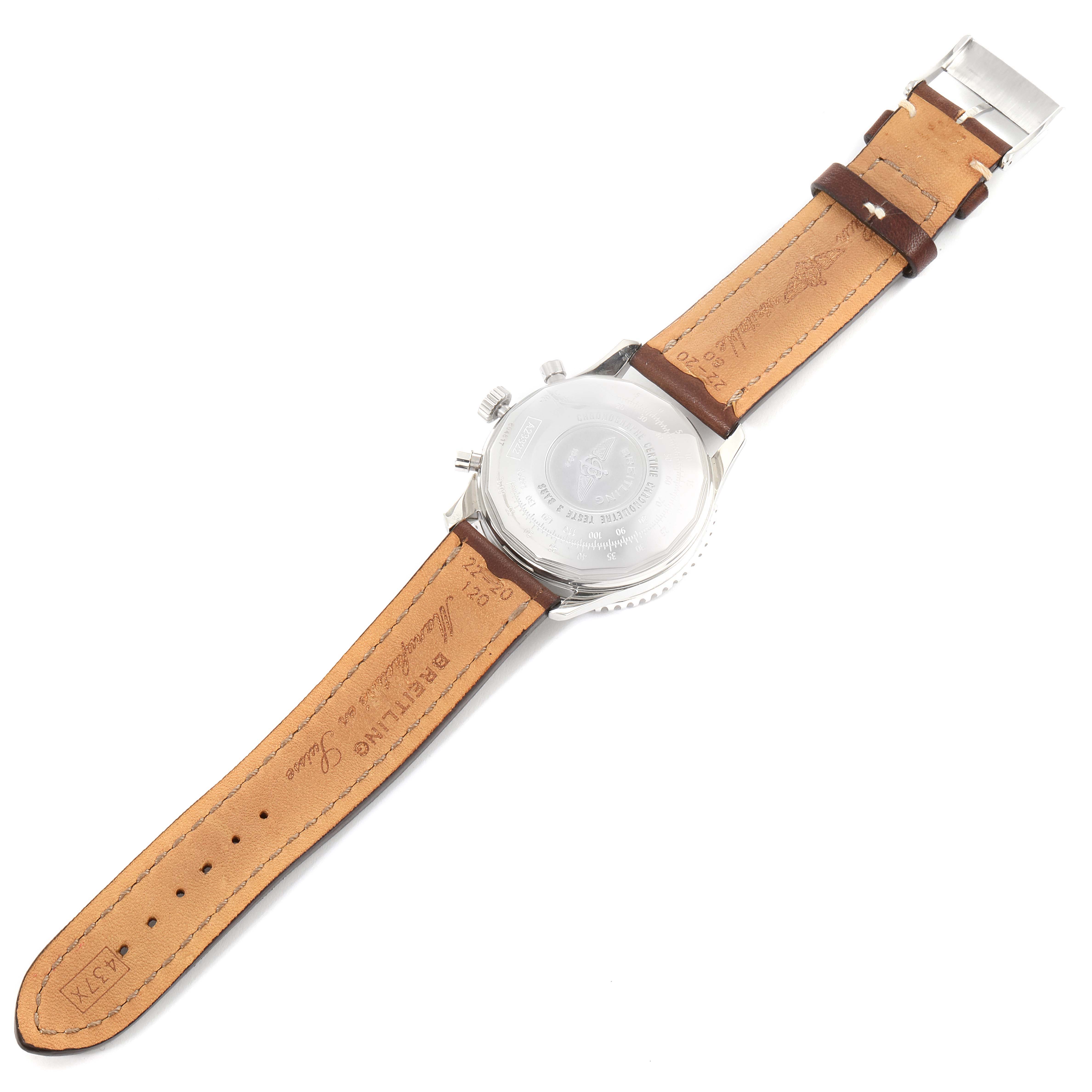 This image shows the back of a Breitling Navitimer A23322 Men's Stainless Steel Silver Dial A23322 Men's Stainless Steel Silver Dial watch with its brown leather strap fully extended.