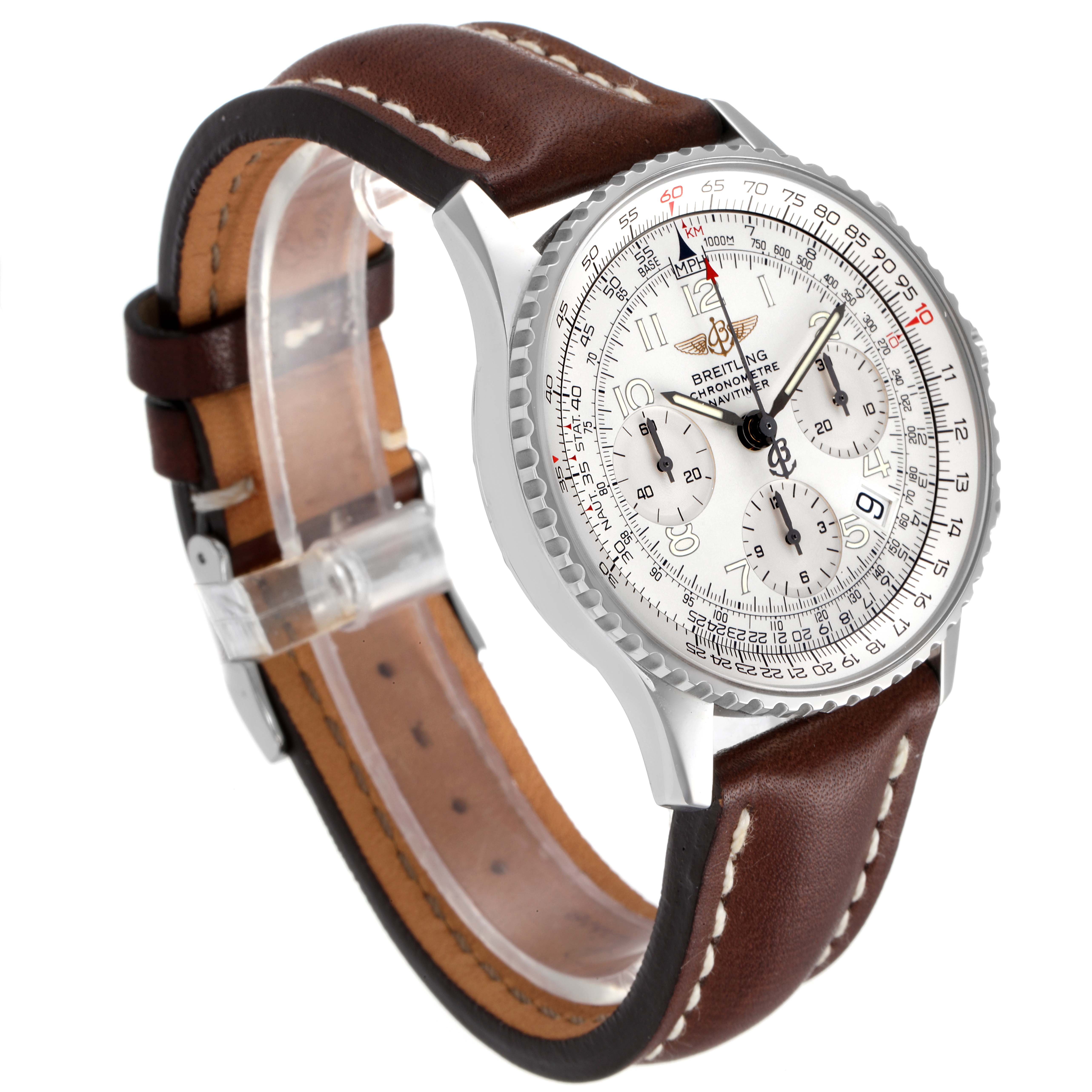 The Breitling Navitimer A23322 Men's Stainless Steel Silver Dial A23322 Men's Stainless Steel Silver Dial watch is shown at a three-quarter angle, highlighting its dial, bezel, and brown leather strap.