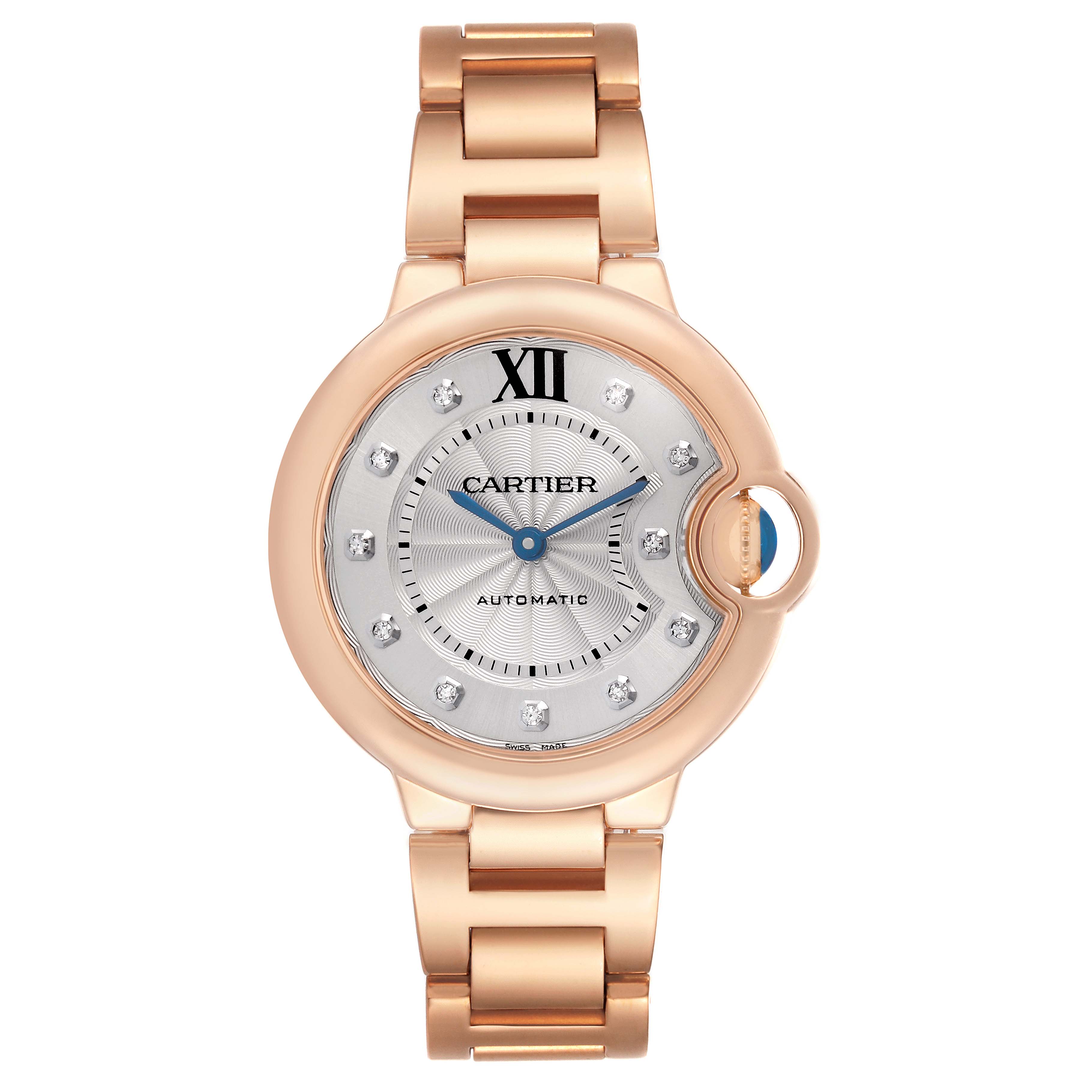 The Cartier Ballon Bleu WE902034 Women's Rose Gold Silver Dial watch is shown from the front, displaying its dial, hands, and bracelet.