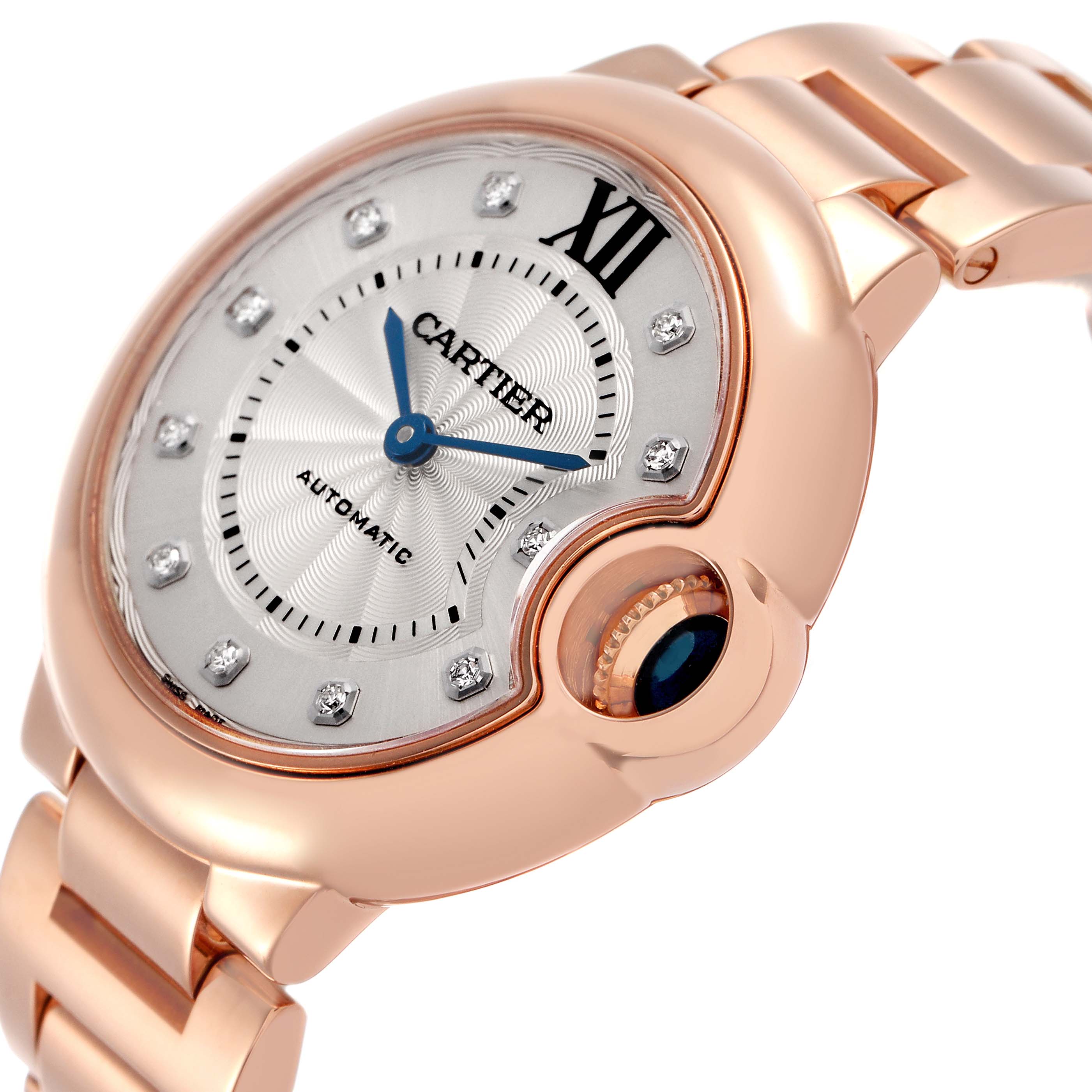 The image shows a Cartier Ballon Bleu WE902034 Women's Rose Gold Silver Dial watch at a side angle, highlighting the rose gold case, crown with cabochon, and dial with diamond markers.