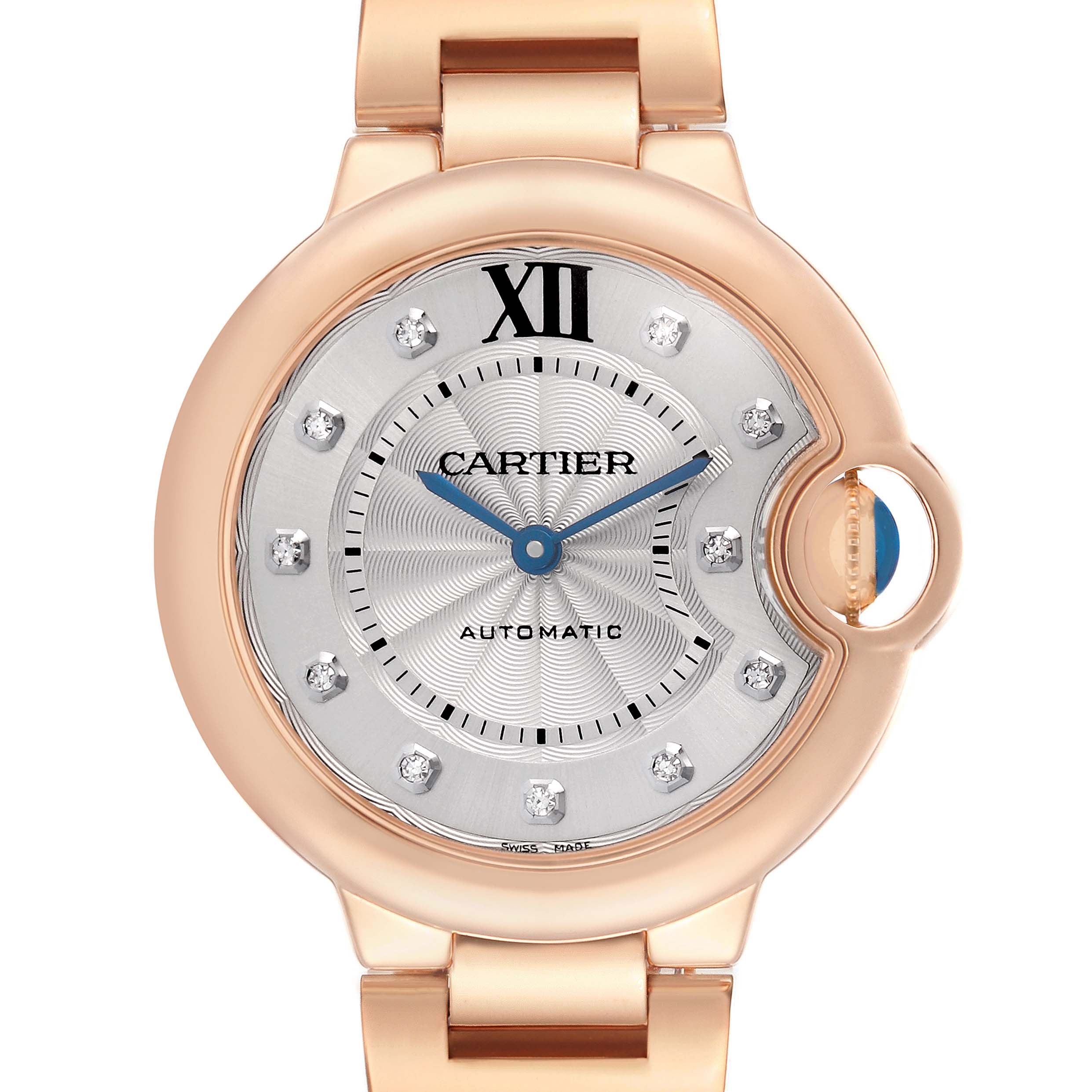 The Cartier Ballon Bleu WE902034 Women's Rose Gold Silver Dial watch is shown from the front, highlighting its dial, hands, and distinctive crown.