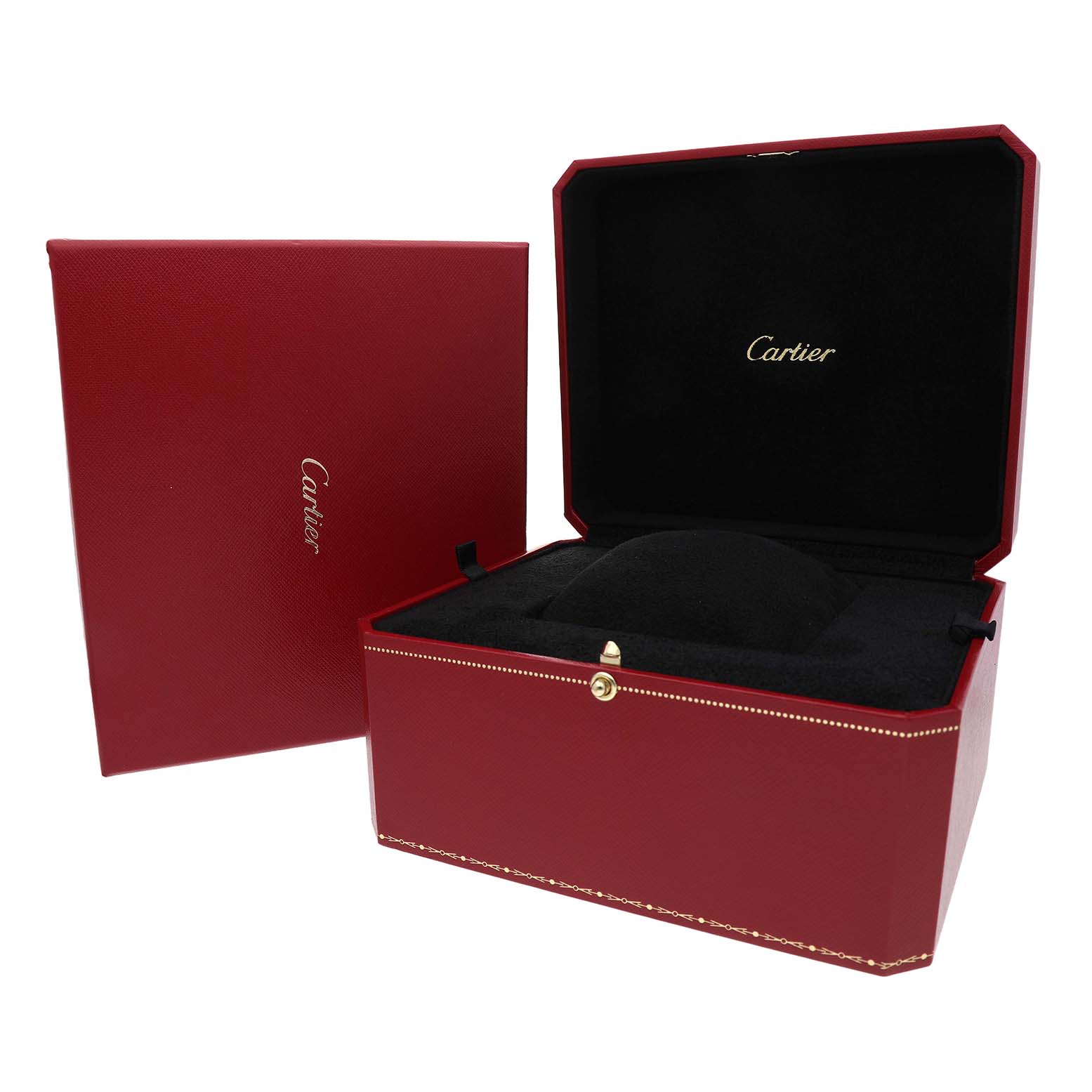 The image shows the open red and black box for a Ballon Bleu model by Cartier, highlighting the interior and logo.