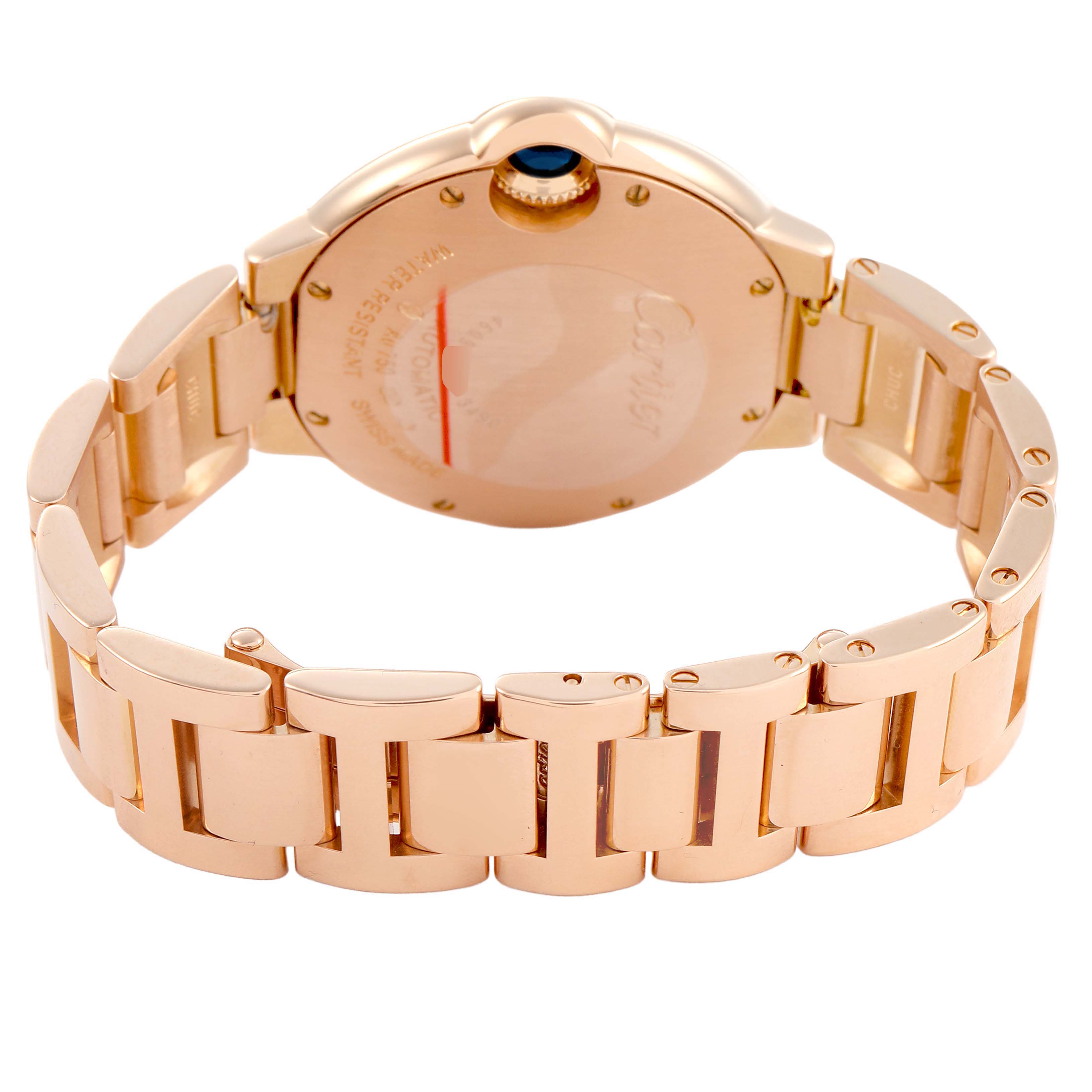 The image shows the back and bracelet of a Cartier Ballon Bleu WE902034 Women's Rose Gold Silver Dial watch, highlighting the clasp and case back details.