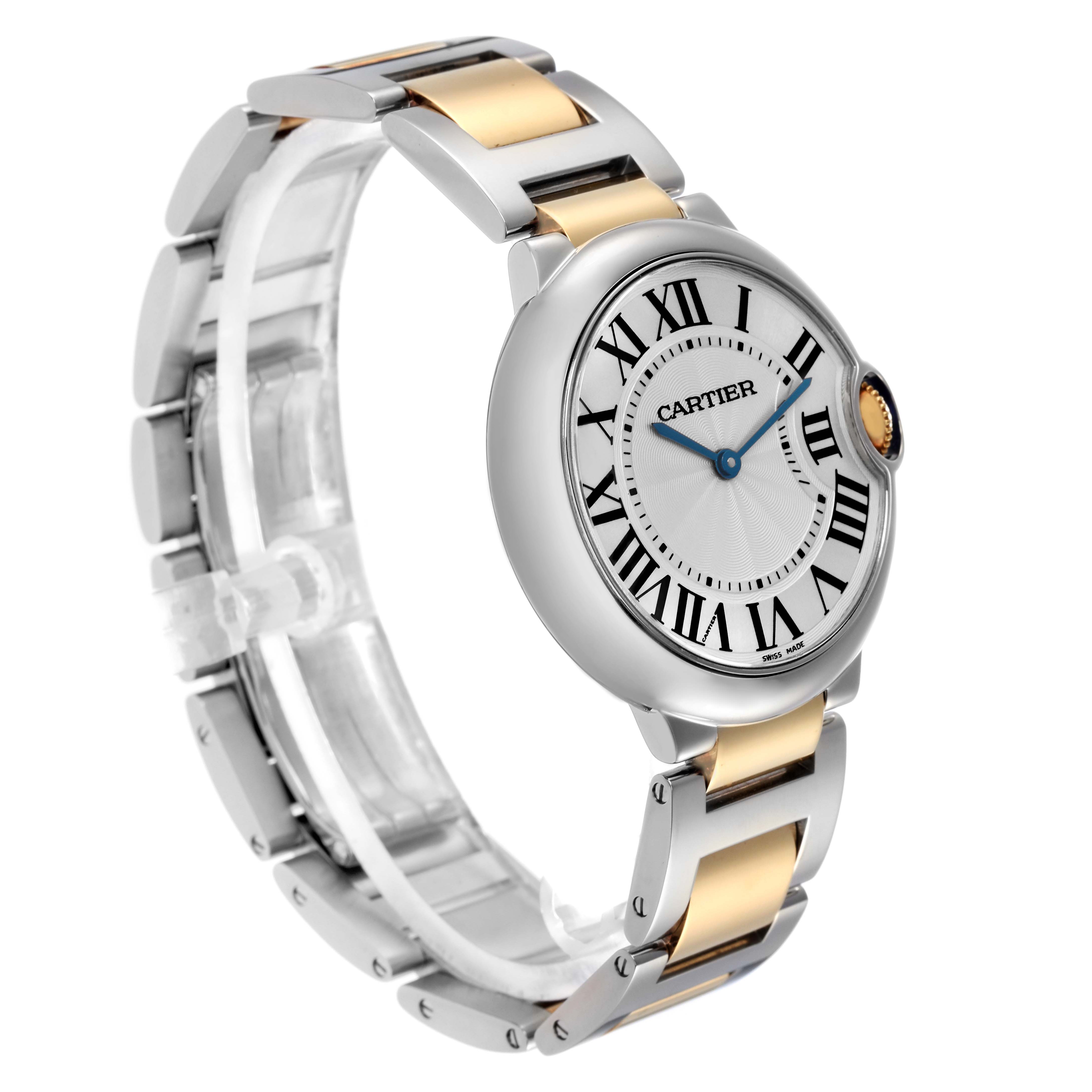 The Cartier Ballon Bleu model W69008Z3 men’s watch is shown at a three-quarter angle, highlighting the dial, Roman numerals, blue hands, and two-tone bracelet.