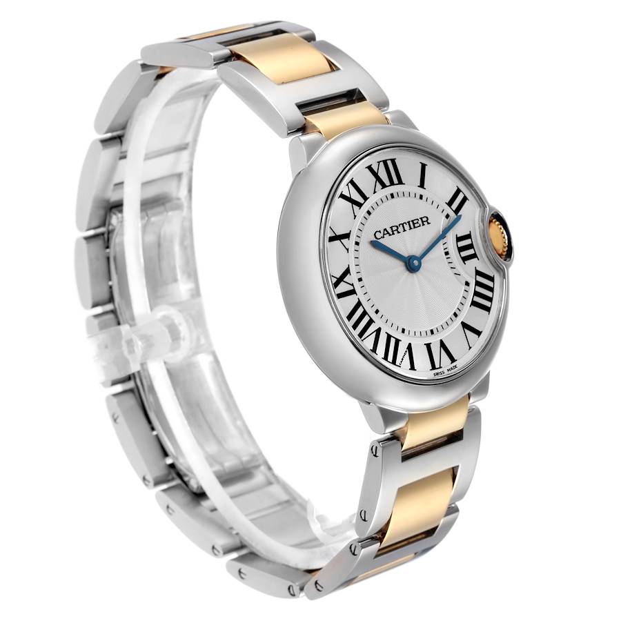 The Cartier Ballon Bleu model W69008Z3 men’s watch is shown at a three-quarter angle, highlighting the dial, Roman numerals, blue hands, and two-tone bracelet.