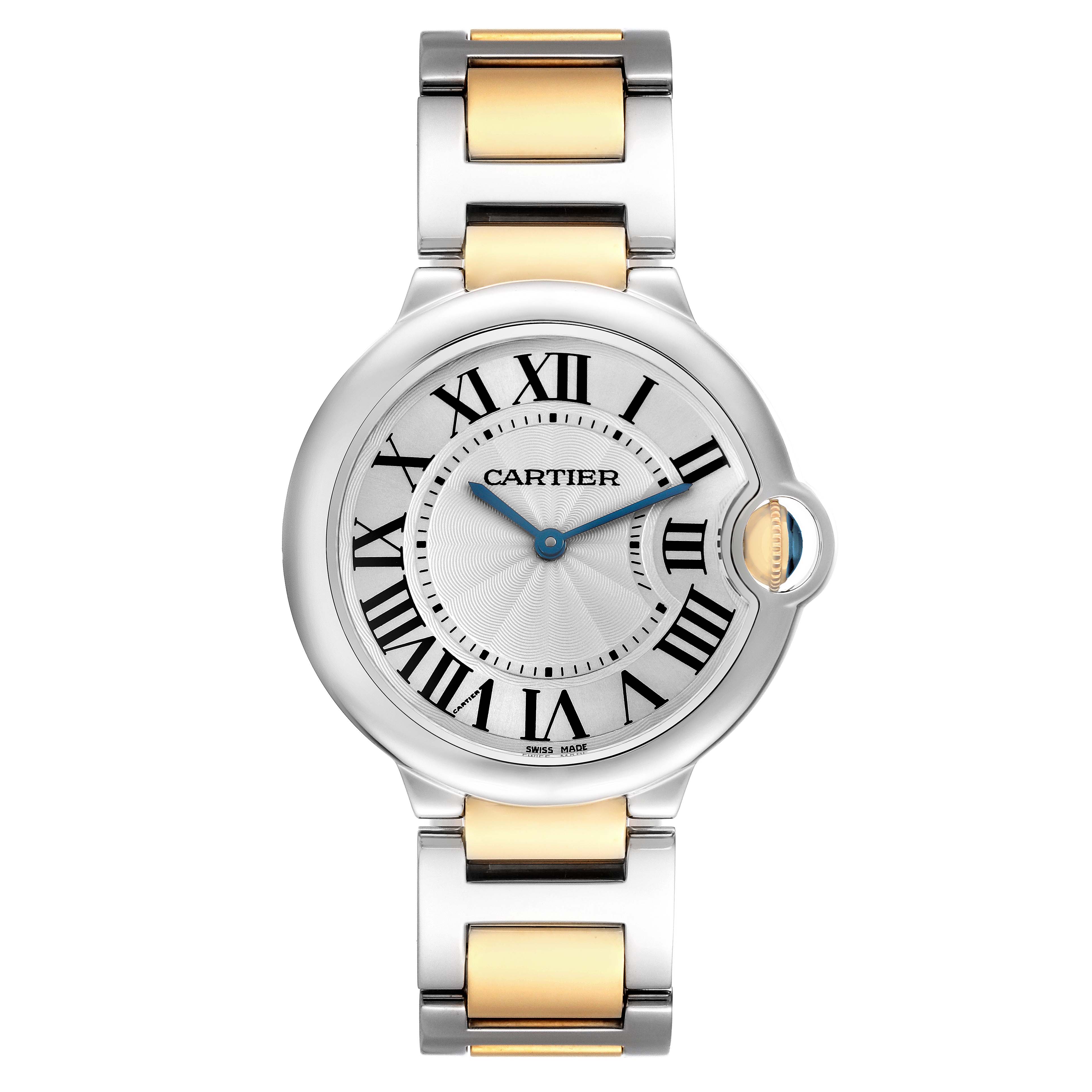 The Cartier Ballon Bleu model W69008Z3 is shown from a top-down view, highlighting the face, Roman numerals, two-tone bracelet, and crown.