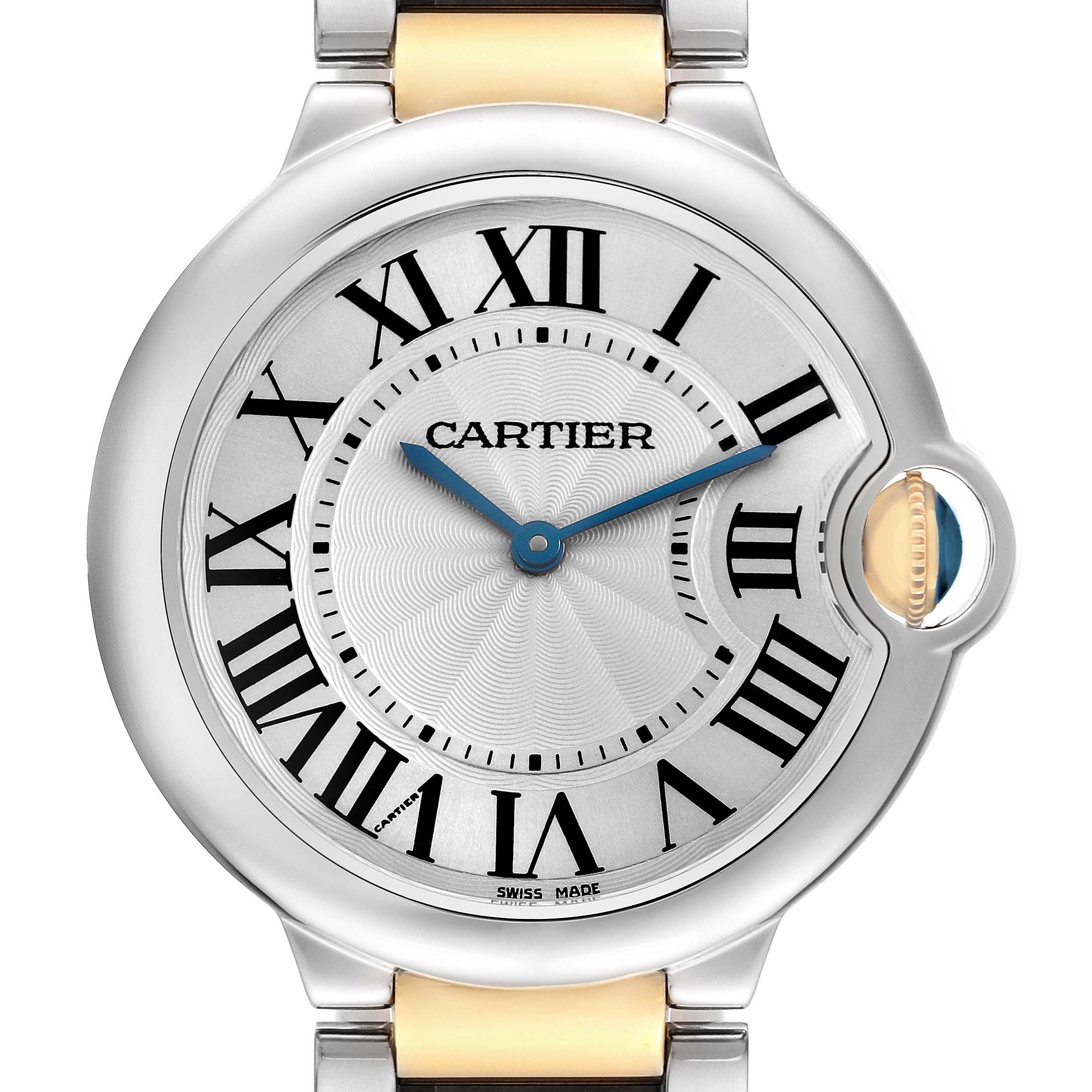 The Cartier Ballon Bleu model W69008Z3 is shown from the front, highlighting the dial, Roman numerals, blue hands, and part of the bracelet.