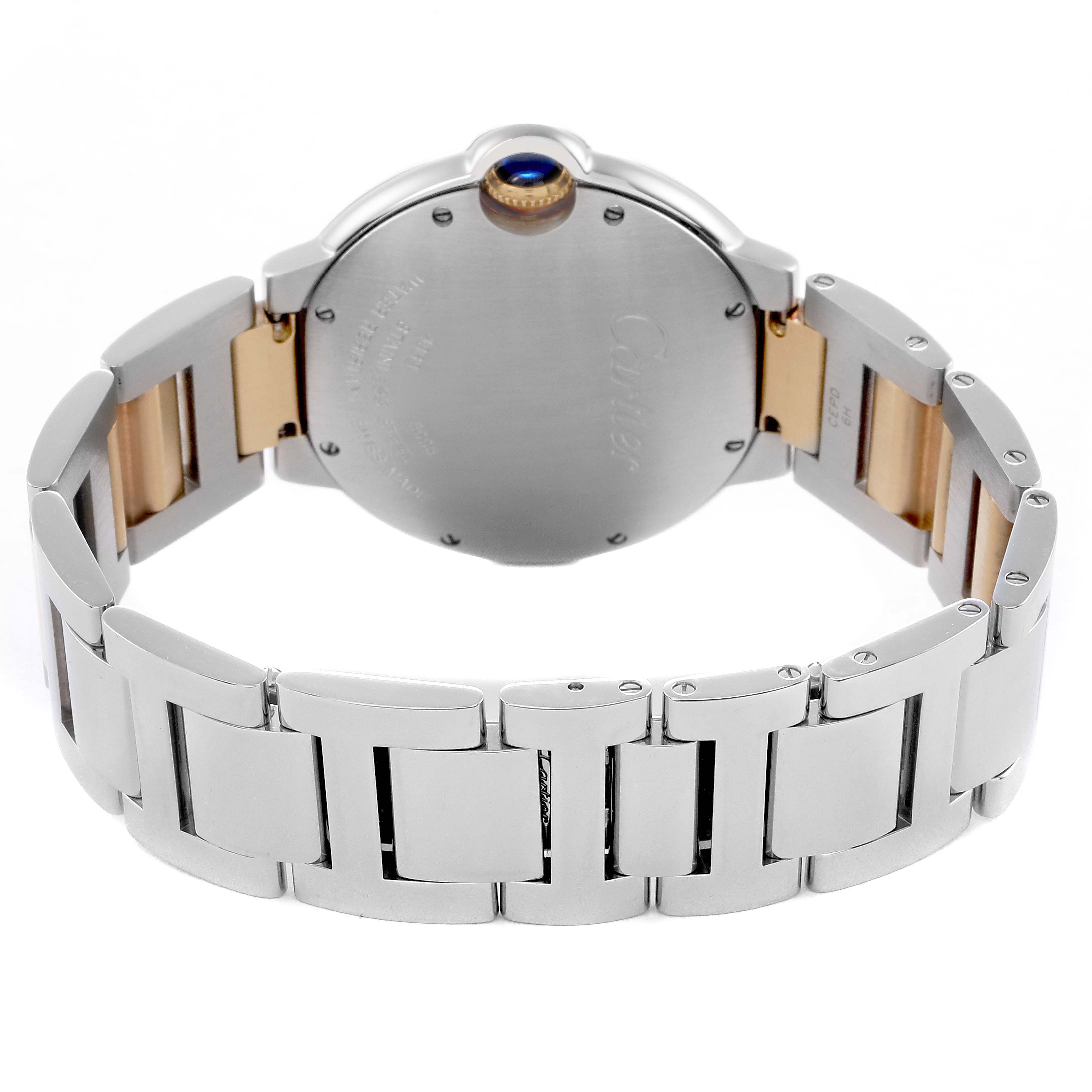 The image shows the back view of the Cartier Ballon Bleu, model number W69008Z3, highlighting the bracelet and case back.